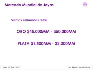 Mercado Mundial de Joyas



          Ventas estimadas retail


                 ORO $45.000MM - $50.000MM

                  PLATA $1.500MM - $2.000MM




Taller de Título IN69E                 Luis Alberto San Martín M.
 