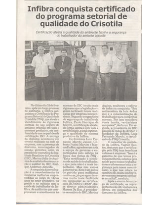 Jornal A Noticia - Infibra Recebe Certificado Do Programa Setorial De Qualidade Do Crisotila
