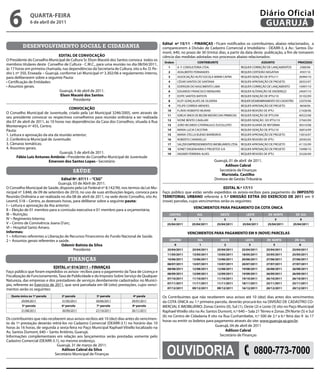 6              qUARtA-feiRA
                6 de abril de 2011
                                                                                                                                                                         Diário Oficial
                                                                                                                                                                          GUARUJÁ

                                                                                                 edital nº 15/11 - fiNANÇAS - Ficam notificados os contribuintes, abaixo relacionados, a
           desenvolvimento social e cidadania                                                    comparecerem à Divisão de Cadastro Comercial e Imobiliário - DEARR-3, à Av.: Santos Du-
                                                                                                 mont, 640, no prazo de 30 (trinta) dias, a partir da data desta publicação, a fim de tomarem
                                 eDitAL De CONVOCAÇÃO                                            ciência das medidas adotadas nos processos abaixo relacionados:
O Presidente do Conselho Municipal de Cultura Sr. Elson Maceió dos Santos convoca todos os
                                                                                                  Ordem                     CONtRiBUiNte                                 ASSUNtO                PROCeSSO
membros titulares deste Conselho de Cultura - C.M.C., para uma reunião no dia 08/04/2011,
                                                                                                    1         A F. CONSULTORIA LTDA.                       REQUER CORREÇÃO DE LANÇAMENTOS        2580/06
às 17 horas em primeira chamada, nas dependências da Secretaria de Cultura, sito a Av. D. Pe-
dro I, nº 350, Enseada – Guarujá, conforme Lei Municipal nº 3.302/06 e regulamento interno,         2         ADALBERTO FERNANDES                          REQUER CERTIDÃO NEGATIVA              4597/10
para deliberarem sobre a seguinte Pauta:                                                            3         ASSOCIAÇÃO AUTO ESCOLA MIRIM CAPRA           REQUER ISENÇÃO DE IPTU/11             26994/10
• Certificação de Entidades:                                                                        4         CÉSAR SANTOS DE SANTANA                      REQUER APROVAÇÃO DE PROJETO           28353/07
• Assuntos gerais.                                                                                  5         EDERSON DO NASCIMENTO LIMA                   REQUER CORREÇÃO DE LANÇAMENTO         10997/10
                                 Guarujá, 4 de abril de 2011.                                       6         EDGARDO FRANCISCO MENGHINI                   REQUER ALTERAÇÃO DE ENDEREÇO          24047/10
                                  elson Maceió dos Santos                                           7         EDITE SANTOS BATISTA                         REQUER ISENÇÃO DE IPTU/10             35102/09
                                         Presidente                                                 8         ELOY GONÇALVES DE OLIVEIRA                   REQUER DESMEMBRAMENTO DO CADASTRO     22070/06
                                                                                                    9         FELIPE CORREIA MENDES                        REQUER APROVAÇÃO DE PROJETO           9658/00
                                       CONVOCAÇÃO                                                   10        FLÁVIO ROBERTO MURARI                        REQUER REVISÃO DE IPTU                21428/06
O Conselho Municipal de Juventude, criado pela Lei Municipal 3246/2005, vem através de
                                                                                                    11        IGREJA SINOS DE BELÉM MISSÃO DAS PRIMICIAS   REQUER ISENÇÃO DE IPTU/09             40522/08
seu presidente convocar os respectivos conselheiros para reunião ordinária a ser realizada
                                                                                                    12        IVONE BENTO CAVALARI                         REQUER ISENÇÃO DO IPTU/10             37565/09
dia 07 de abril de 2011, às 10 horas nas dependências da Casa dos Conselhos, situada à Rua
Montenegro nº 455, Centro.                                                                          13        JOÃO RICARDO CITRÂNGULO ZUCOLLOTO            REQUER ALVARÁ DE REFORMA              30310/08
Pauta:                                                                                              14        MARIA LUCIA CACETARI                         REQUER ISENÇÃO DE IPTU/10             36816/09
1. Leitura e aprovação da ata da reunião anterior;                                                  15        MARIA STELLA BUENO BARREIROS                 REQUER APROVAÇÃO DE PROJETO           15816/07
2. Conferência Municipal de Juventude;                                                              16        ROBERTO CARAVIELLO                           REQUER REVISÃO DE IPTU                20595/05
3. Câmaras temáticas;                                                                               17        SALZER EMPREENDIMENTOS IMOBILIARIOS LTDA. REQUER APROVAÇÃO DE PROJETO              41135/09
4. Assuntos gerais.                                                                                 18        SONET ENGENHARIA E PROJETOS S/A              REQUER APROVAÇÃO DE PROJETO           10498/10
                                 Guarujá, 5 de abril de 2011.                                       19        VAGNER FERREIRA ALVES                        REQUER REVISÃO DE IPTU                25226/09
       fábio Luis Antunes Antônio - Presidente do Conselho Municipal de Juventude
                           emerson dos Santos Lopes - Secretário                                                                        Guarujá, 01 de abril de 2011.
                                                                                                                                              Adílson Cabral
                                          saúde                                                                                            Secretário de Finanças
                                                                                                                                            Maristela. Castilho
                                   edital Nº. 07/11 – “CSG”                                                                             Diretora de Gestão Tributária
                                Guarujá, 03 de Abril de 2011.
O Conselho Municipal de Saúde, disposto pela Lei Federal nº 8.142/90, nos termos da Lei Mu-                                           eDitAL N.º 17/11
nicipal nº 3.848, de 09 de setembro de 2010, no uso de suas atribuições legais, convoca para     Faço público que estão sendo expedidos os avisos-recibos para pagamento do iMPOStO
Reunião Ordinária a ser realizada no dia 08 de abril de 2011, na sede deste Conselho, sito Av.   teRRitORiAL URBANO referente à 1.ª eMiSSÃO eXtRA DO eXeRCÍCiO De 2011 em 9
Leomil, 518 – Centro, as dezesseis horas, para deliberar sobre a seguinte pauta:                 (nove) parcelas, cujos vencimentos serão os seguintes:
I – Leitura e aprovação da Ata anterior;
                                                                                                                         VeNCiMeNtOS PARA PAGAMeNtO DA COtA ÚNiCA
II – Eleição de 01 membro para a comissão executiva e 01 membro para a orçamentária;
III – Nutrição;                                                                                      CeNtRO                 SUL              OeSte            LeSte          ZN NORte          ZN SUL
IV – Regimento Interno;                                                                                   0                  1                 2                3                   5            6
V – Centro de Convivência Joana D’arc;                                                             25/04/2011           25/04/2011        25/04/2011        25/04/2011      25/04/2011      25/04/2011
VI – Hospital Santo Amaro.
informes:                                                                                                            VeNCiMeNtOS PARA PAGAMeNtO eM 9 (NOVe) PARCeLAS
1 – Informes referentes a Liberação de Recursos Financeiros do Fundo Nacional de Saúde.
2 – Assuntos gerais referentes a saúde.                                                              CeNtRO                 SUL              OeSte            LeSte         ZN NORte           ZN SUL
                                   Odemir Batista da Silva                                                0                  1                 2                3               5                6
                                          Presidente                                                25/04/2011          25/04/2011         25/04/2011      25/04/2011      25/04/2011       25/04/2011
                                                                                                    11/05/2011          13/05/2011         13/05/2011      18/05/2011      25/05/2011       25/05/2011
                                      finanças                                                      10/06/2011          13/06/2011         13/06/2011      20/06/2011      27/06/2011       27/06/2011
                                                                                                    08/07/2011          13/07/2011         13/07/2011      20/07/2011      27/07/2011       27/07/2011
                              eDitAL nº 014/2011 – fiNANÇAS                                         08/08/2011          12/08/2011         12/08/2011      19/08/2011      26/08/2011       26/08/2011
Faço público que foram expedidos os avisos- recibos para o pagamento da Taxa de Licença e           08/09/2011          12/09/2011         12/09/2011      19/09/2011      26/09/2011       26/09/2011
Fiscalização de Funcionamento, Taxa de Publicidade e do Imposto Sobre Serviço de Qualquer
                                                                                                    07/10/2011          11/10/2011         11/10/2011      19/10/2011      26/10/2011       26/10/2011
Natureza, das empresas e dos prestadores de serviços devidamente cadastrados no Municí-
                                                                                                    07/11/2011          11/11/2011         11/11/2011      18/11/2011      25/11/2011       25/11/2011
pio, referente ao Exercício de 2011, que será parcelada em 08 (oito) prestações, cujos venci-
mentos serão os seguintes:                                                                          07/12/2011          09/12/2011         09/12/2011      16/12/2011      20/12/2011       20/12/2011

   quota única ou 1ª parcela      2ª parcela            3ª parcela            4ª parela          Os Contribuintes que não receberem seus avisos até 10 (dez) dias antes dos vencimentos
          29/04/2011              31/05/2011           30/06/2011             29/07/2011         da COTA ÚNICA ou 1.ª primeira parcela, deverão procurá-los na DIVISÃO DE CADASTRO CO-
          5ª parcela              6ª parcela            7ª parcela            8ª parcela         MERCIAL E IMOBILIÁRIO: Zonas Centro (0), Sul (1), Oeste (2) e Leste (3) sito no Paço Municipal
          31/08/2011              30/09/2011           27/10/2011             30/11/2011         Raphael Vitiello sito na Av. Santos Dumont, n.º 640 – Sala 21 Térreo e Zonas ZN Norte (5) e Sul
                                                                                                 (6) no Centro de Cidadania II sito na Rua Cunhambebe, n.º 500 de 2.ª a 6.ª feira das 9 às 17
Os contribuintes que não receberem seus avisos-recibos até 10 (dez) dias antes do vencimen-
                                                                                                 horas ou emitir os boletos para pagamento através do site: www.guaruja.sp.gov.br.
to da 1ª prestação deverão retirá-los no Cadastro Comercial (DEARR-3.1) no horário das 10
horas às 16 horas, de segunda a sexta-feira no Paço Municipal Raphael Vitiello localizado na                                       Guarujá, 04 de abril de 2011
Av. Santos Dumont, 640 – Santo Antônio, Guarujá.                                                                                         Adilson Cabral
Informações complementares em relação aos lançamentos serão prestadas somente pelo                                                    Secretário de Finanças
Cadastro Comercial (DEARR-3.1), no mesmo endereço.


                                                                                                   OuvidOria                                                          0800-773-7000
                              Guarujá, 31 de março de 2011.
                                 Adilson Cabral da Silva
                             Secretário Municipal de Finanças
 