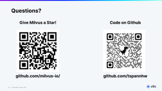 18 | © Copyright 8/16/23 Zilliz
18 | © Copyright 8/16/23 Zilliz
Questions?
Give Milvus a Star! Code on Github
github.com/tspannhw
github.com/milvus-io/
 