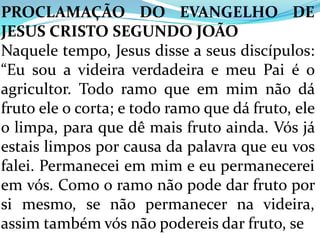 PROCLAMAÇÃO DO EVANGELHO DE
JESUS CRISTO SEGUNDO JOÃO
Naquele tempo, Jesus disse a seus discípulos:
“Eu sou a videira verdadeira e meu Pai é o
agricultor. Todo ramo que em mim não dá
fruto ele o corta; e todo ramo que dá fruto, ele
o limpa, para que dê mais fruto ainda. Vós já
estais limpos por causa da palavra que eu vos
falei. Permanecei em mim e eu permanecerei
em vós. Como o ramo não pode dar fruto por
si mesmo, se não permanecer na videira,
assim também vós não podereis dar fruto, se
 
