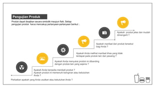 Apakah Anda bersedia membeli produk ?
Apakah produk ini memenuhi keinginan atau kebutuhan
Anda ?
Apakah manfaat dari produk tersebut
bagi Anda ?
Apakah Anda melihat manfaat khas yang tidak
terdapat pada produk lain dari pesaing ?
Apakah Anda menyukai produk ini dibanding
dengan produk lain yang sejenis ?
Apakah produk jelas dan mudah
dimengerti ?
Pengujian Produk
Produk dapat disajikan secara simbolik maupun fisik. Setiap
pengujian produk harus mencakup pertanyaan-pertanyaan berikut :.
Perbaikan apakah yang Anda usulkan atau kebutuhan Anda ?
 