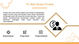 10. Nilai Suatu Produk
Sasaran/tujuan Fungsi dasar Fungsi tambahan
Analisis nilai suatu produk adalah suatu filosofi menghilangkan
segala sesuatu yang menimbulkan biaya tetapi memberikan
sumbangan pada nilai fungsi dari produk atau jasa. Tujuannya
adalah mempertemukan persyaratan prestasi produk dan
kebutuhan pelanggan pada biaya terendah yang
memungkinkan. .
 