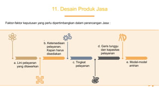 a. Lini pelayanan
yang ditawarkan
11. Desain Produk Jasa
.
b. Ketersediaan
pelayanan.
Kapan harus
disediakan
d. Garis tunggu
dan kapasitas
pelayanan
c. Tingkat
pelayanan
e. Model-model
antrian
Faktor-faktor keputusan yang perlu dipertimbangkan dalam perancangan Jasa :
 
