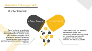 6) Analisa Peluang produk
b. Faktor Eksternal a) Faktor internal
Faktor internal yang ada dalam diri
orang sebagai subjek untuk
menemukan sebuah inspirasi, antara
lain: pengetahuan yang dimiliki,
pengalaman dan intuisi atau
pemikiran dari individu itu sendiri
Faktor eksternal yang dihadapi
seseorang yang menjadi objek untuk
mendapatkan sebuah inspirasi bisnis,
yaitu: masalah yang yang belum
terpecahkan, kesulitan sehari-hari,
kebutuhan yang belum terpenuhi,
pemikiran yang besar untuk menciptakan
sesuatu.
.
Sumber Inspirasi :
 