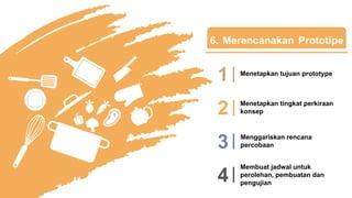 6. Merencanakan Prototipe
1 Menetapkan tujuan prototype
2 Menetapkan tingkat perkiraan
konsep
3 Menggariskan rencana
percobaan
4
Membuat jadwal untuk
perolehan, pembuatan dan
pengujian
 