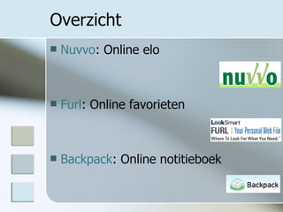 Overzicht Nuvvo : Online elo Furl : Online favorieten Backpack : Online notitieboek 