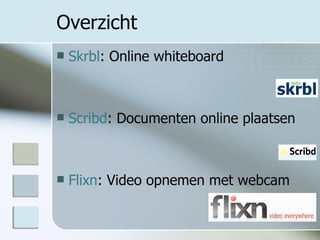 Overzicht Skrbl : Online whiteboard Scribd : Documenten online plaatsen Flixn : Video opnemen met webcam 