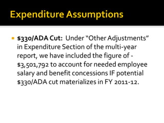    $330/ADA Cut: Under “Other Adjustments”
    in Expenditure Section of the multi-year
    report, we have included the figure of -
    $3,501,792 to account for needed employee
    salary and benefit concessions IF potential
    $330/ADA cut materializes in FY 2011-12.
 