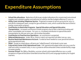    School Site allocations: Reduction of 5% to per-student allocations for unrestricted instructional
    supplies and custodial supplies and reduction of 20% for site flex budgets effective FY 2011-12.
   Utility Costs including Telephone Service: Projected increases to service accounts for 2011-12
    and 5% for subsequent years, except for gas and electric costs, which could be flat due to District
    energy conservation program.
   Contribution to Restricted Programs: Special Education and Special Education
    Transportation: Increased contribution to both programs due to flat or declining funding and
    other unavoidable cost increases. For 2011-12, increased contribution to special education
    transportation by 7% over prior year; 5% increase thereafter.
   Contribution to Food Services Operations: $0 contribution is projected.
   Deferred Maintenance: Under SB 70, District match not required until after June 30, 2015.
   Routine Restricted Maintenance Account: Funded at level needed to cover personnel and on-
    going operational costs.
   Other: Except as noted above, all items are “rolled forward” at the level in prior year.
   Cultural Arts Center (CAC) Operational Costs: CAC operational budget totals over $242,000 for
    staff and utility increased costs; in 2012-13 reserve will be exhausted unless outside facility usage
    increases greatly.
   Summer School: Per SBX3 4 flexibility, summer school is eliminated effective 2011-12 with
    exceptions of Special Education Extended School Year (ESY) and Language Academy for English
    Learners.
 