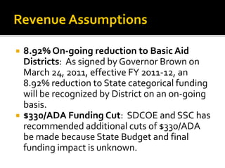    8.92% On-going reduction to Basic Aid
    Districts: As signed by Governor Brown on
    March 24, 2011, effective FY 2011-12, an
    8.92% reduction to State categorical funding
    will be recognized by District on an on-going
    basis.
   $330/ADA Funding Cut: SDCOE and SSC has
    recommended additional cuts of $330/ADA
    be made because State Budget and final
    funding impact is unknown.
 