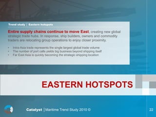 Trend study │ Eastern hotspots

Entire supply chains continue to move East, creating new global
strategic trade hubs. In response, ship builders, owners and commodity
traders are relocating group operations to enjoy closer proximity.

•   Intra-Asia trade represents the single largest global trade volume
•   The number of port calls yields big business beyond shipping itself
•   Far East Asia is quickly becoming the strategic shipping location




                         EASTERN HOTSPOTS

              Catalyst │Maritime Trend Study 2010 ©                       22
 