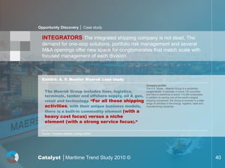 Opportunity Discovery │ Case study

  INTEGRATORS The integrated shipping company is not dead. The
  demand for one-stop solutions, portfolio risk management and several
  M&A openings offer new space for conglomerates that match scale with
  focused management of each division.



  Exhibit: A. P. Moeller Maersk case study
                                                        Company profile:
                                                        The A.P. Moller - Maersk Group is a worldwide
    The Maersk Group includes liner, logistics,         conglomerate. It operates in some 130 countries
    terminals, tanker and offshore supply, oil & gas,   and have a workforce of some 115,000 employees.
                                                        In addition to owning one of the world’s largest
    retail and technology. “For all these shipping      shipping companies, the Group is involved in a wide
                                                        range of activities in the energy, logistics, retail and
    activities, with their unique business models,      manufacturing industries

    there is a built-in commodity element (with a
    heavy cost focus) versus a niche
    element (with a strong service focus).”

  Source : Company website; Lorange (2009)




Catalyst │Maritime Trend Study 2010 ©                                                                              40
 