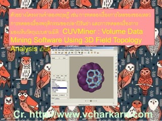 ตัวอย่างโครงงานจาลองทฤษฎี เช่น การทดลองเรื่องการไหลของของเหลว 
การทดลองเรื่องพฤติกรรมของปลาปิรันย่า และการทดลองเรื่องการ 
มองเห็นวัตถุแบบสามมิติ CUVMiner : Volume Data 
Mining Software Using 3D Field Topology 
Analysis เป็นต้น 
Cr. http://www.vcharkarn.com 
 