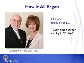 How It All Began Out of a  family’s need… “ Gerri regained her vitality in 90 days” Founders Wayne and Gerri Hillman 