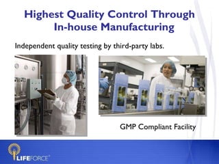 Highest Quality Control Through   In-house Manufacturing GMP Compliant Facility Independent quality testing by third-party labs. 