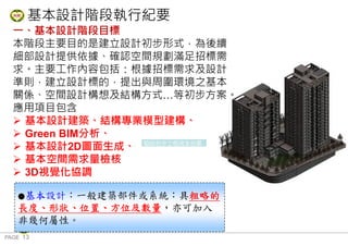PAGE 13
桃 園 市 政 府 住 宅 發 展 處
基本設計階段執行紀要
一、基本設計階段目標
本階段主要目的是建立設計初步形式，為後續
細部設計提供依據、確認空間規劃滿足招標需
求。主要工作內容包括：根據招標需求及設計
準則，建立設計標的，提出與周圍環境之基本
關係、空間設計構想及結構方式…等初步方案。
應用項目包含
 基本設計建築、結構專業模型建構、
 Green BIM分析、
 基本設計2D圖面生成、
 基本空間需求量檢核
 3D視覺化協調
協助初步工程成本估算
●基本設計：一般建築部件或系統：具粗略的
長度、形狀、位置、方位及數量，亦可加入
非幾何屬性。
 