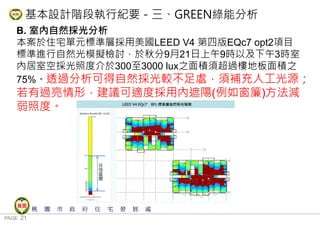 PAGE 21
桃 園 市 政 府 住 宅 發 展 處
B. 室內自然採光分析
本案於住宅單元標準層採用美國LEED V4 第四版EQc7 opt2項目
標準進行自然光模擬檢討，於秋分9月21日上午9時以及下午3時室
內居室空採光照度介於300至3000 lux之面積須超過樓地板面積之
75%。透過分析可得自然採光較不足處，須補充人工光源；
若有過亮情形，建議可適度採用內遮陽(例如窗簾)方法減
弱照度。
基本設計階段執行紀要－三、GREEN綠能分析
 