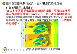 PAGE 24
桃 園 市 政 府 住 宅 發 展 處
B. 基地周邊行人風場分析
(a) 由冬季及夏季表面風速模擬俯視圖，可得知基地周
圍人行高度風速皆在9m/s以下，尚在清風等級範圍內；
周圍僅有零星鄰房且建築師採取將量體錯開配置之設計，減弱因
風道縮減而引起之峽谷效應，風速加速現象不明顯，不致引起
不舒適感。
夏季、冬季風表面風速分析圖(俯視圖)
基本設計階段執行紀要－三、GREEN綠能分析
 