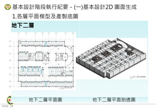 PAGE 28
桃 園 市 政 府 住 宅 發 展 處
基本設計階段執行紀要－(一)基本設計2D 圖面生成
1.各層平面模型及產製底圖
地下三層
地下二層平面圖 地下二層平面剖透圖
 