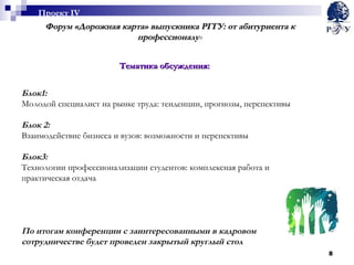 Блок1: Молодой специалист на рынке труда: тенденции, прогнозы, перспективы Блок 2: Взаимодействие бизнеса и вузов: возможности и перспективы Блок3: Технологии профессионализации студентов: комплексная работа и практическая отдача По итогам конференции с заинтересованными в кадровом сотрудничестве будет проведен закрытый круглый стол   Форум «Дорожная карта» выпускника РГГУ: от абитуриента к профессионалу » Проект  IV Тематика обсуждения: 