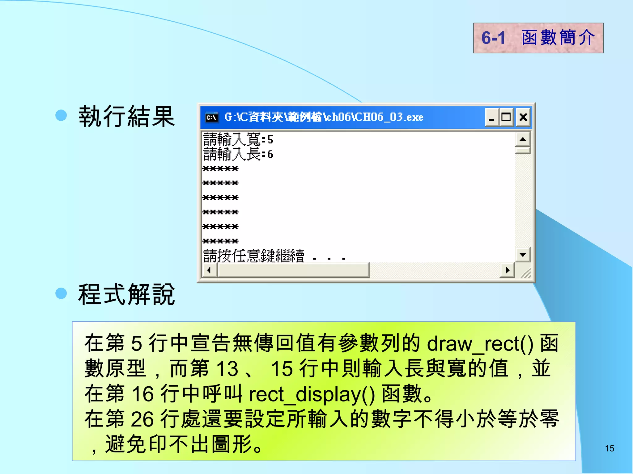 執行結果 程式解說  6-1  函數簡介   在第 5 行中宣告無傳回值有參數列的 draw_rect() 函數原型，而第 13 、 15 行中則輸入長與寬的值，並在第 16 行中呼叫 rect_display() 函數。 在第 26 行處還要設定所輸入的數字不得小於等於零，避免印不出圖形。  