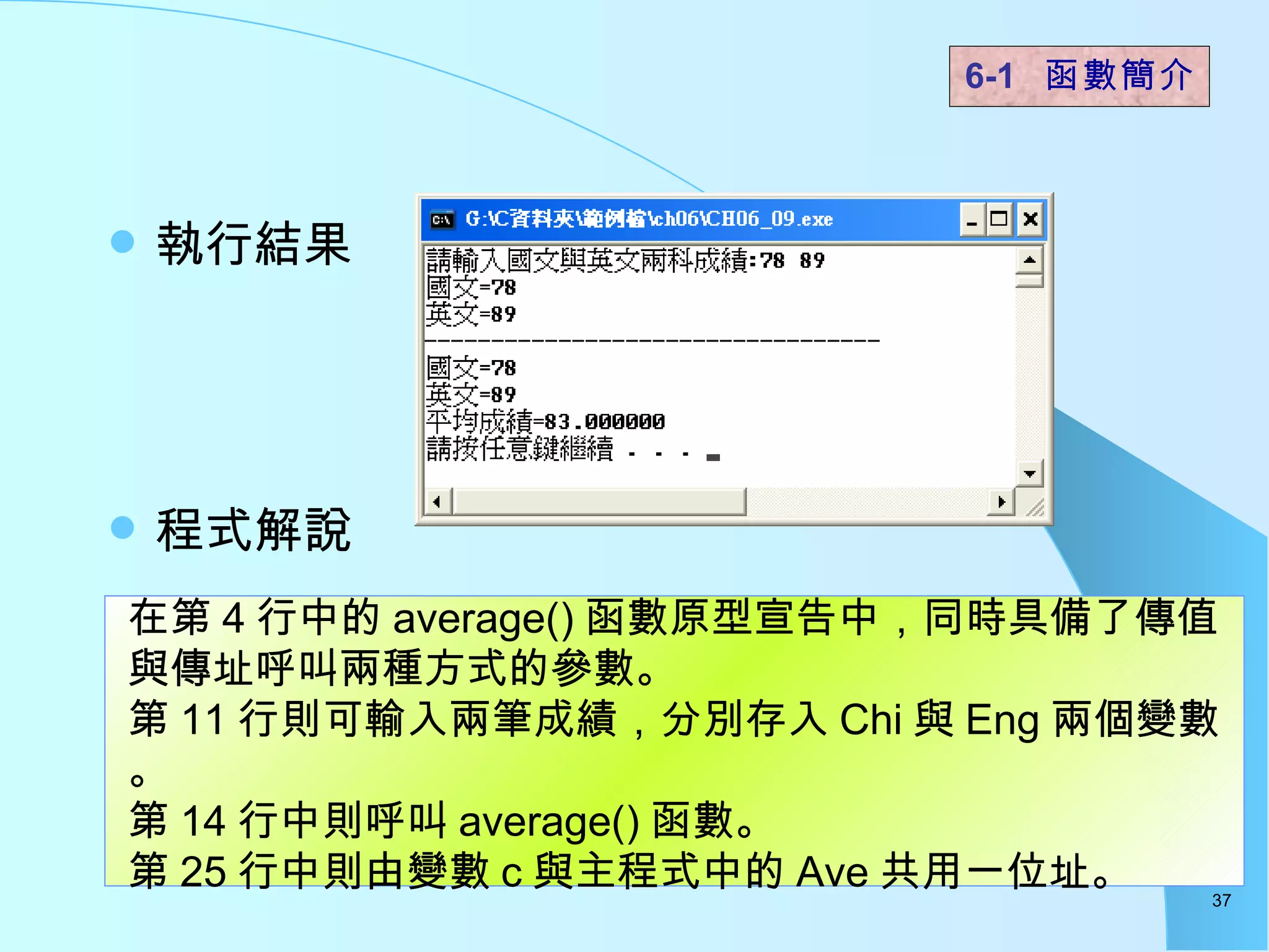 執行結果 程式解說  6-1  函數簡介   在第 4 行中的 average() 函數原型宣告中，同時具備了傳值與傳址呼叫兩種方式的參數。 第 11 行則可輸入兩筆成績，分別存入 Chi 與 Eng 兩個變數。 第 14 行中則呼叫 average() 函數。 第 25 行中則由變數 c 與主程式中的 Ave 共用一位址。  