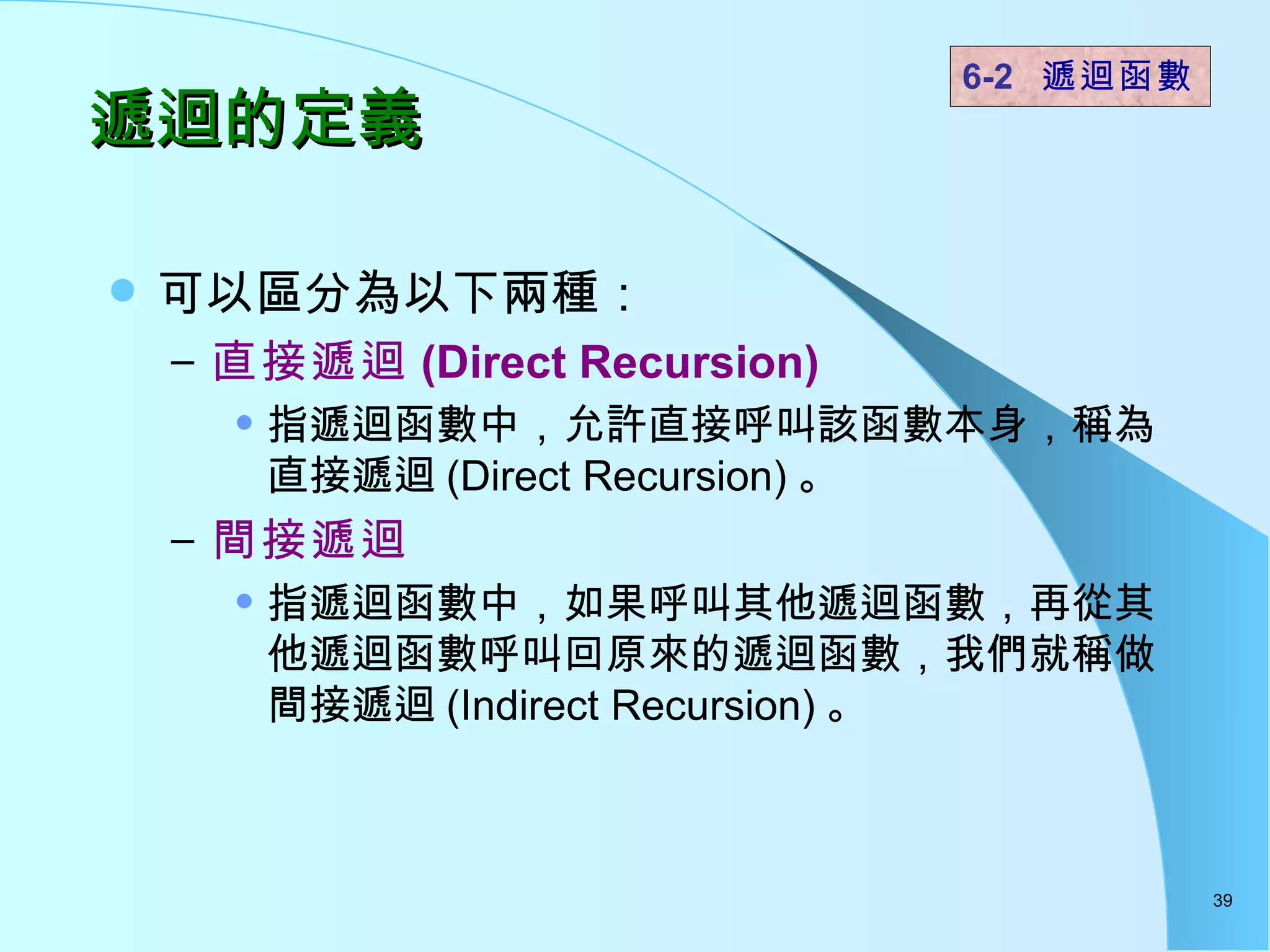 遞迴的定義 可以區分為以下兩種： 直接遞迴 (Direct Recursion) 指遞迴函數中，允許直接呼叫該函數本身，稱為直接遞迴 (Direct Recursion) 。 間接遞迴 指遞迴函數中，如果呼叫其他遞迴函數，再從其他遞迴函數呼叫回原來的遞迴函數，我們就稱做間接遞迴 (Indirect Recursion) 。 6-2  遞迴函數   