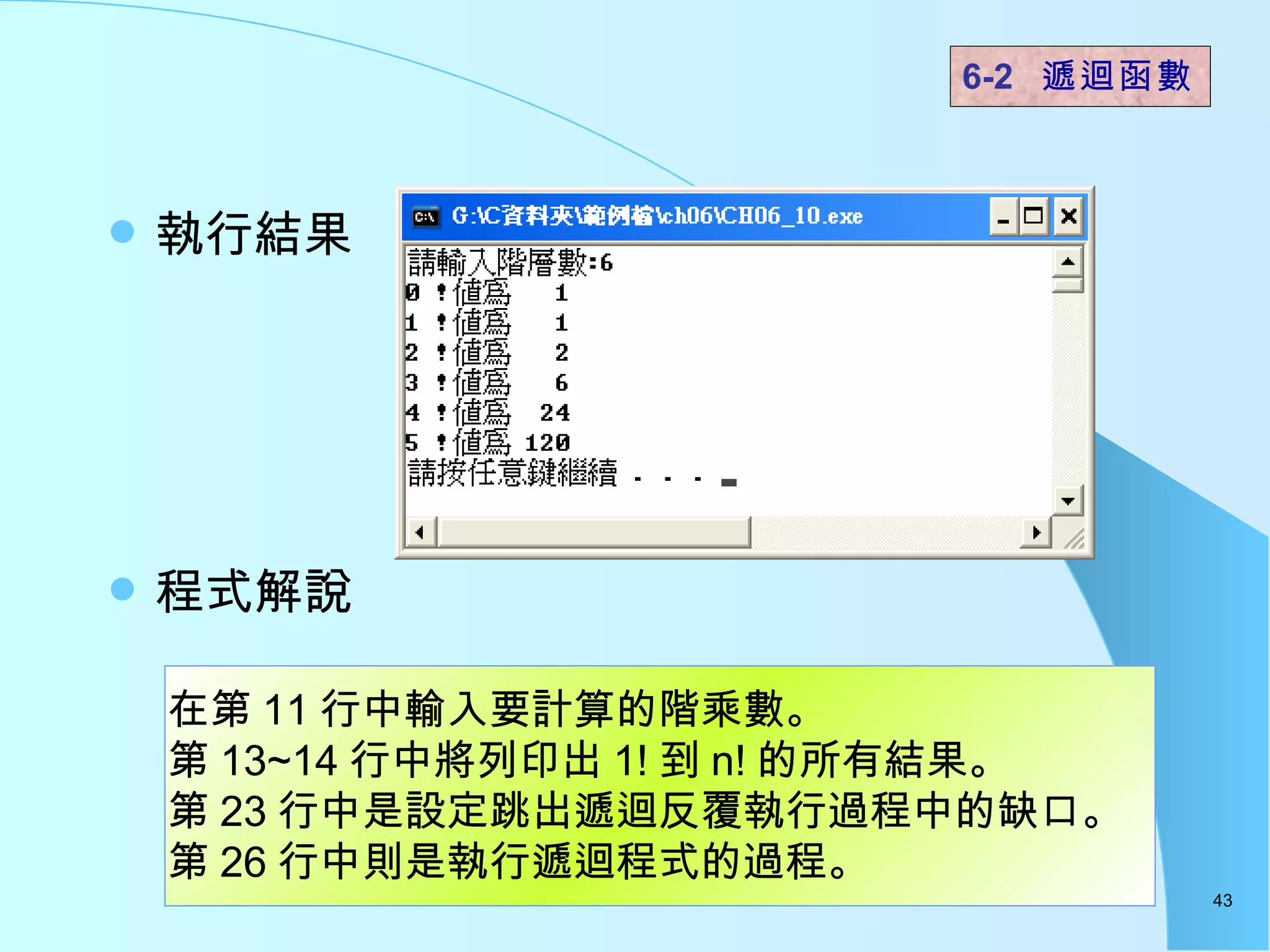 執行結果  程式解說  6-2  遞迴函數   在第 11 行中輸入要計算的階乘數。 第 13~14 行中將列印出 1! 到 n! 的所有結果。 第 23 行中是設定跳出遞迴反覆執行過程中的缺口。 第 26 行中則是執行遞迴程式的過程。 