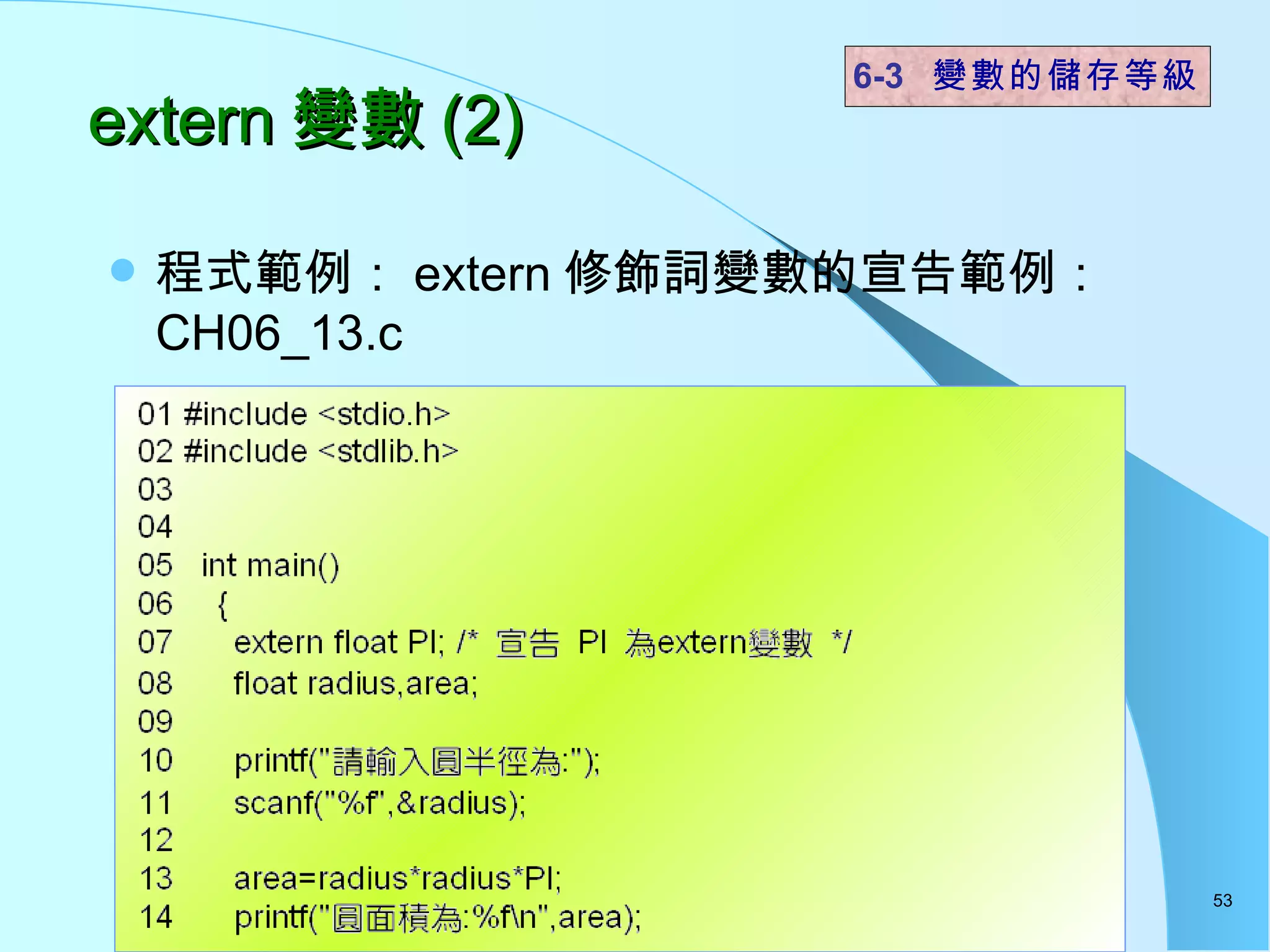 extern 變數 (2) 程式範例： extern 修飾詞變數的宣告範例： CH06_13.c 6-3  變數的儲存等級 