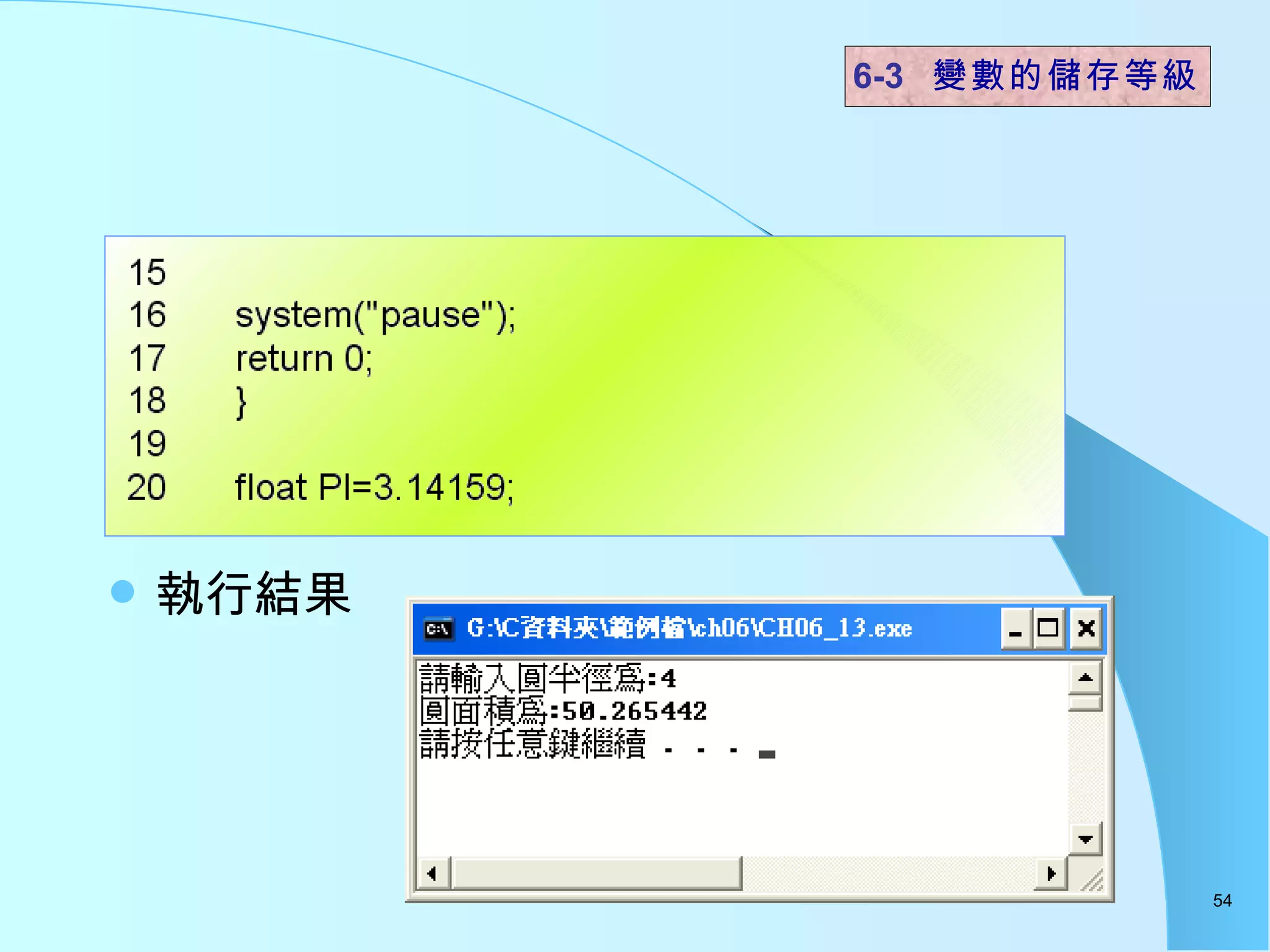 執行結果  6-3  變數的儲存等級 