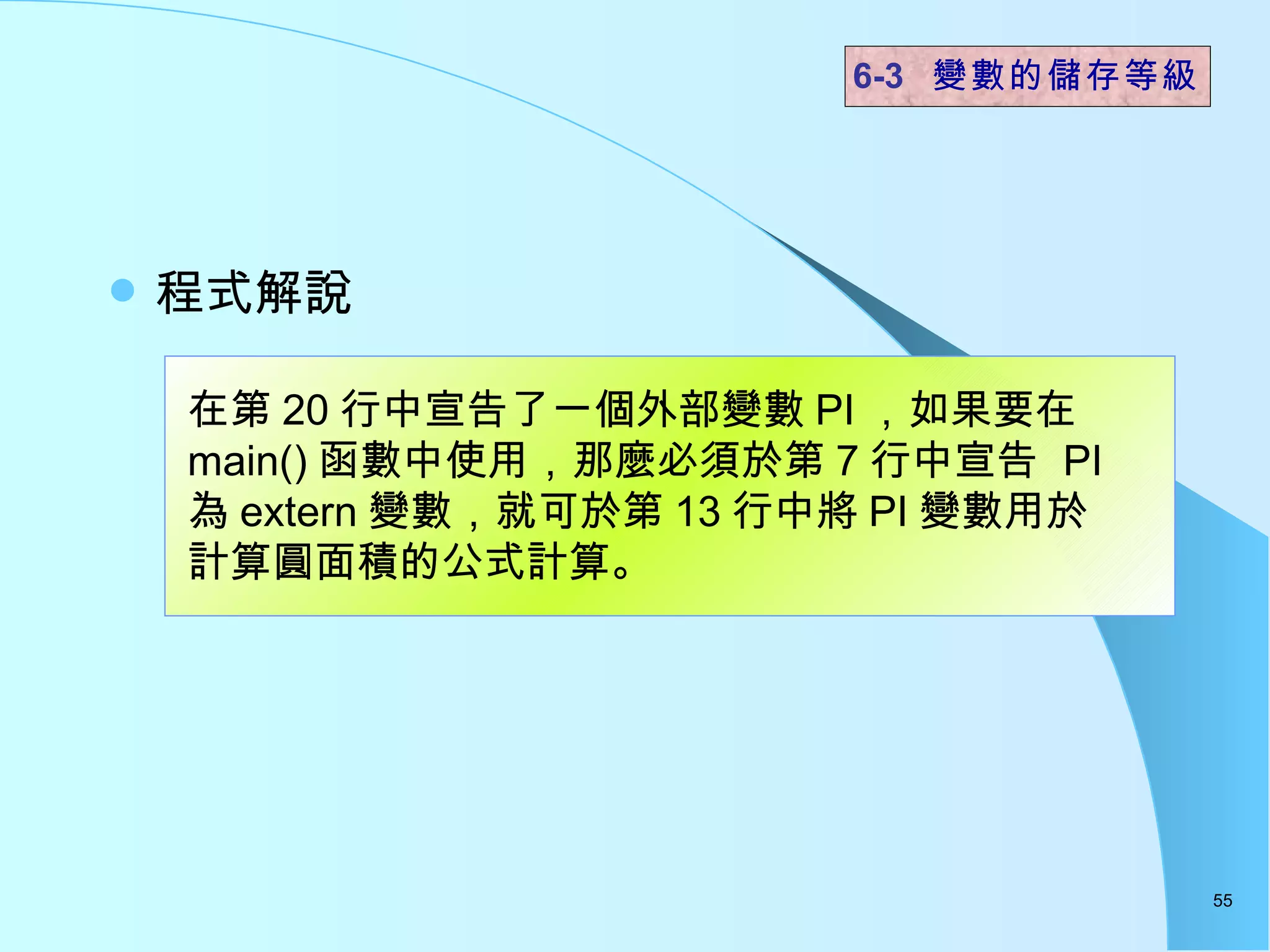 程式解說  6-3  變數的儲存等級 在第 20 行中宣告了一個外部變數 PI ，如果要在 main() 函數中使用，那麼必須於第 7 行中宣告  PI  為 extern 變數，就可於第 13 行中將 PI 變數用於計算圓面積的公式計算。  