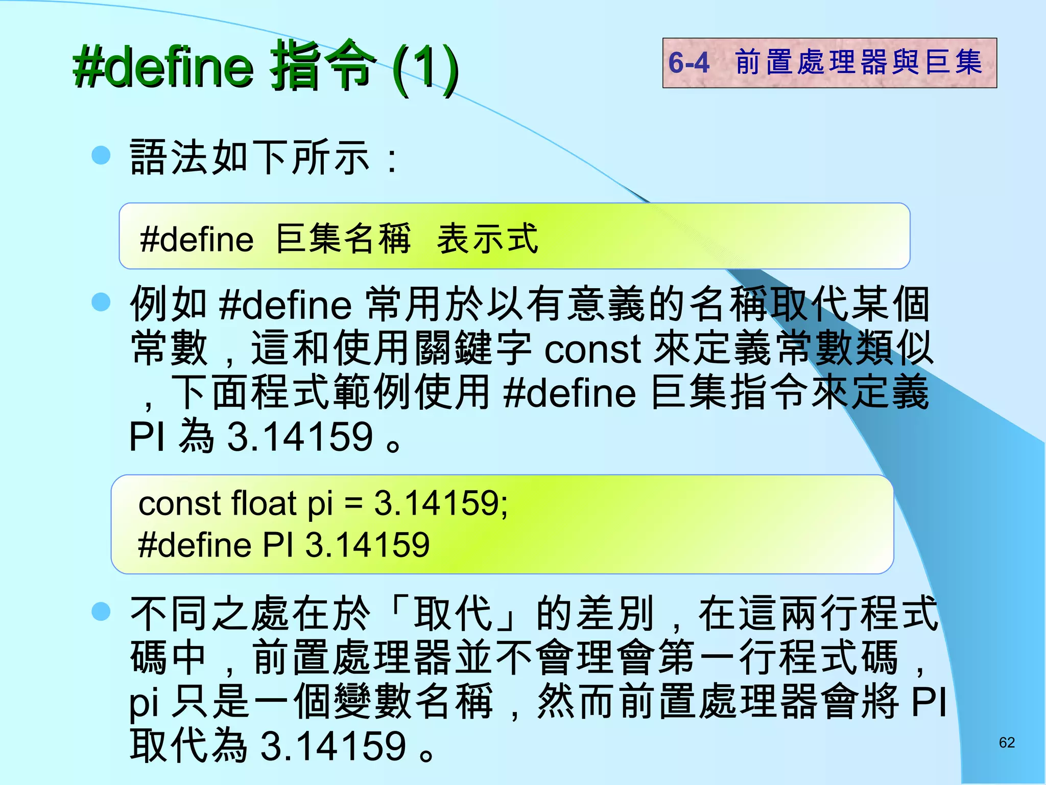 語法如下所示： 例如 #define 常用於以有意義的名稱取代某個常數，這和使用關鍵字 const 來定義常數類似，下面程式範例使用 #define 巨集指令來定義 PI 為 3.14159 。 不同之處在於「取代」的差別，在這兩行程式碼中，前置處理器並不會理會第一行程式碼， pi 只是一個變數名稱，然而前置處理器會將 PI 取代為 3.14159 。  #define 指令 (1)  6-4  前置處理器與巨集 #define  巨集名稱  表示式 const float pi = 3.14159; #define PI 3.14159 
