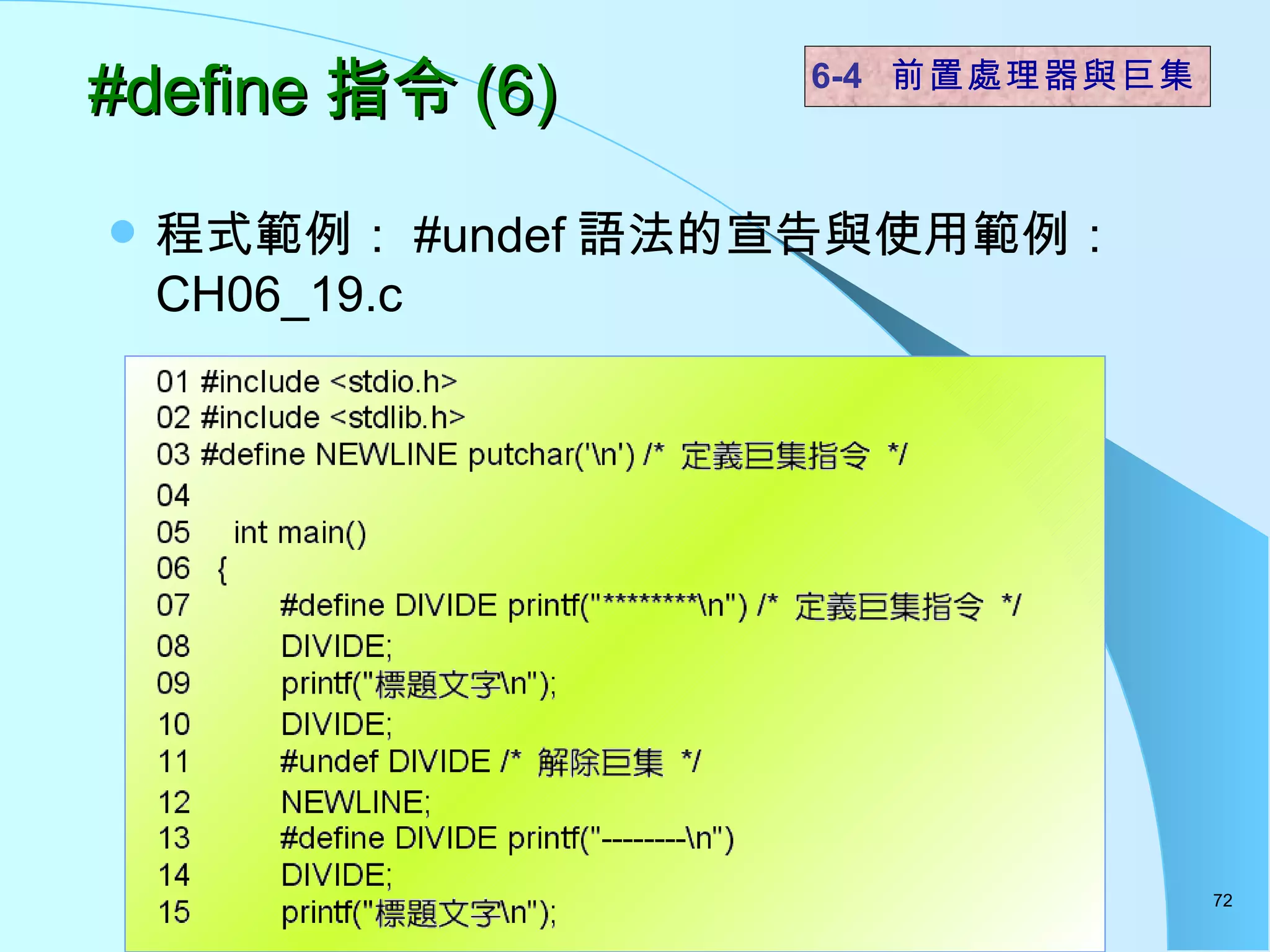 #define 指令 (6) 程式範例： #undef 語法的宣告與使用範例： CH06_19.c 6-4  前置處理器與巨集 