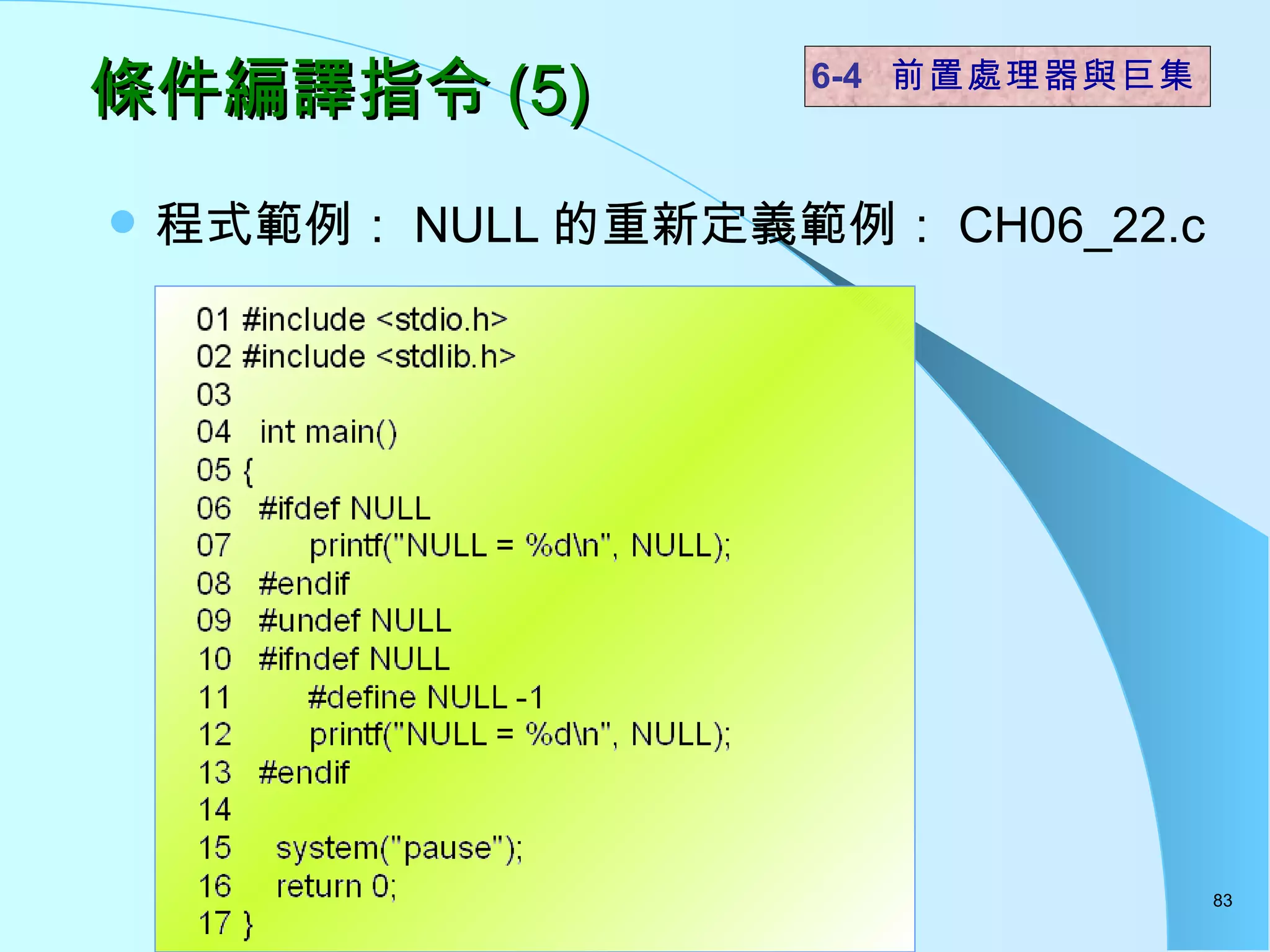 條件編譯指令 (5) 程式範例： NULL 的重新定義範例： CH06_22.c 6-4  前置處理器與巨集 