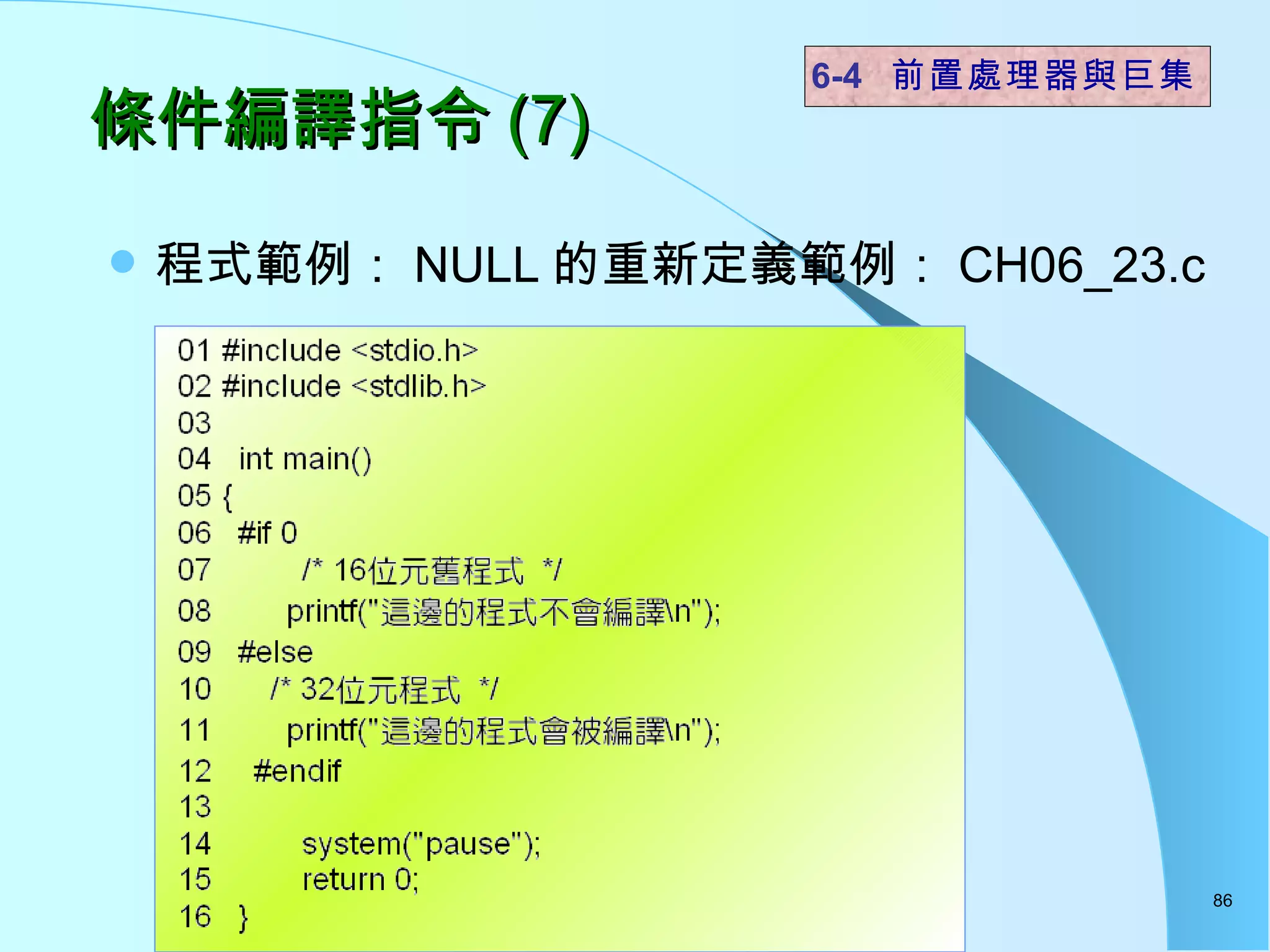條件編譯指令 (7) 程式範例： NULL 的重新定義範例： CH06_23.c  6-4  前置處理器與巨集 