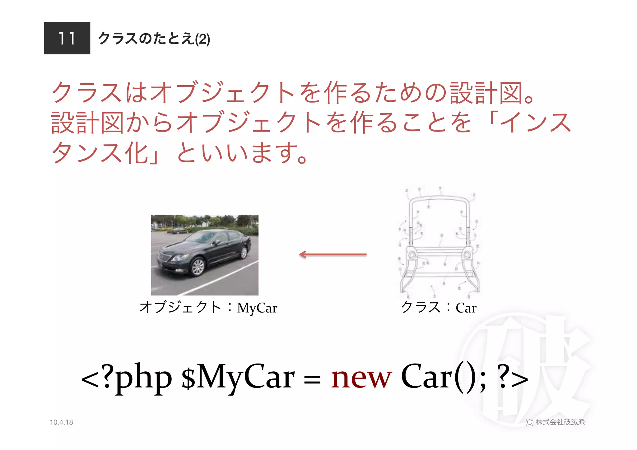 (2)



                                                          	
  




                          MyCar              Car




          <?php	
  $MyCar	
  =	
  new	
  Car();	
  ?>
10.4.18                                             (C)
 