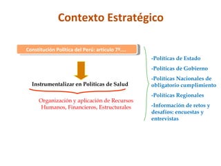 Contexto Estratégico

Constitución Política del Perú: articulo 7º....
 Constitución Política del Perú: articulo 7º....
                                                   -Políticas de Estado
                                                   -Políticas de Gobierno
                                                   -Políticas Nacionales de
  Instrumentalizar en Políticas de Salud           obligatorio cumplimiento
                                                   -Políticas Regionales
     Organización y aplicación de Recursos
      Humanos, Financieros, Estructurales          -Información de retos y
                                                   desafíos: encuestas y
                                                   entrevistas
 