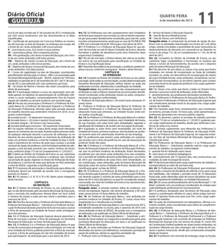Diário Oficial
GUARUJÁ
sica III, em dias corridos até 31 de outubro de 2013, multiplicado
por 0,05 (cinco centésimos), por dia, descontando-se as faltas
injustificadas;
IV – Certificado de aprovação em Concurso Público no município de Guarujá, na área de atuação, no emprego que ocupa, até
o limite de um, serão atribuídos 5,00 (cinco) pontos;
V – Licenciatura curta, 25,0 (vinte e cinco) pontos;
VI – Licenciatura plena, 50,0 (cinquenta) pontos;
VII – Pós-graduação, Lato Sensu na área de Educação, até o limite de um, serão atribuídos 3,00 (três) pontos;
VIII – Diploma de mestre na área de Educação, até o limite de
um, serão atribuídos 5,00 (cinco) pontos;
IX – Diploma de Doutor na área de Educação, até o limite de um,
serão atribuídos 10,0 (dez) pontos;
X – Cursos de capacitação na área de Educação, reconhecidos
pelo Ministério de Educação e Cultura – MEC e os autorizados pela
Secretaria Municipal de Educação – SEDUC, máximo de 150 horas,
realizados no período de 01 de novembro de 2011 até 31 de outubro de 2013, será atribuído 0,01 (um centésimo), por hora;
XI – Os títulos de Mestre e Doutor não serão cumulativos para
efeito de pontuação.
Art. 5.º A pontuação relativa a cursos de capacitação será validada apenas na hipótese da apresentação de certificados referentes a cursos realizados, comprovadamente, fora do horário
regular de trabalho ou durante ausência com previsão legal.
Art. 6.º No ato da convocação o Professor II, o Professor de Educação Básica III, o Professor de Educação Especial e o Professor
de Educação Profissional, deverão optar pela jornada semanal
de trabalho docente que pretendem ministrar em 2014, na seguinte conformidade:
a) Jornada inicial = 16 (dezesseis) horas/aula;
b) Jornada básica = 24 (vinte e quatro) horas/aulas;
c) Jornada integral = 36 (trinta e seis) horas/aulas;
d) Jornada dedicação exclusiva = 40 (quarenta) horas/aulas.
§1.º As opções referidas no caput deste artigo serão efetuadas
apenas no momento da inscrição, ficando expressamente vedada qualquer alteração durante o processo de atribuição ou no
decorrer do ano exceto quando no momento da atribuição de
aulas, em primeira instância, a nível de Unidade Escolar, é verificada a inexistência do número de aulas para compor a jornada
semanal de opção do professor, este formalizará pedido de adequação a uma jornada semanal com menor número de horas/
aula, conforme artigo 715 da Lei Complementar n.º 135/2012.
§2.º Caberá ao Diretor da Unidade de Ensino ou seu substituto
legal, quando em primeira instância o professor não constituir
sua jornada de opção, registrar no Anexo de Atribuição de Aulas
do professor o número de aulas que deverão ser-lhes atribuídas
a nível de SEDUC, seguindo a classificação geral.
Art. 7.º O processo de pontuação e classificação para efeitos de
atribuição, deverá ser realizado de acordo com o cronograma
previsto no Anexo I.
Art. 8.º Os anexos I, II, III, IV, V, VI e VII, fazem parte integrante
deste Decreto.
CAPÍTULO II
DA INSCRIÇÃO
Art. 9.º O Diretor da Unidade de Ensino, ou seu substituto legal, no dia determinado pela Secretaria Municipal de Educação,
para a inscrição dos professores, deverá afixar em local visível
o número de classes e aulas por ano (série) e períodos, para o
exercício de 2014.
Art. 10. Para fins de inscrição, o Professor de Educação Básica I, o
Professor de Educação Básica I – Substituto e o Professor de Educação Profissional deverão preencher ficha de inscrição e assinar
a ficha de pontuação na Unidade de Ensino onde entregaram
seus documentos.
Art. 11. O Professor de Educação Especial deverá preencher a
ficha de inscrição e assinar a ficha de pontuação na Secretaria
Municipal de Educação, no Setor de Educação Especial.
Art. 12. O Professor II e o Professor de Educação Básica III que
no ato da convocação entregaram a documentação, em mais de
uma Unidade de Ensino, poderão preencher a ficha de inscrição
e assinar a ficha de pontuação em até três Unidades de Ensino
para participarem da atribuição para o ano letivo de 2014.

quarta-feira

6 de novembro de 2013

Art. 13. Os Professores que não comparecerem na(s) Unidade(s)
de Ensino para requerer sua inscrição, ou não se fizerem representar por procurador devidamente constituído, para este fim, serão
inscritos compulsoriamente, sendo que no caso de PII, PEB III, PEE
e PEP, com a jornada inicial de 16h/a para o ano letivo de 2014.
§1.º O Professor II e o Professor de Educação Básica III, que desistir da inscrição em até 02 (duas) Unidades de Ensino, deverão
formalizar o pedido de desistência junto ao(s) Diretor(es) da(s)
respectiva(s) Unidade(s).
§2.º No ato da inscrição, o Diretor deverá dar ciência ao professor acerca de sua pontuação para classificação na Unidade de
Ensino e na Classificação Geral.
§3.º Havendo discordância da pontuação, o professor poderá impetrar recurso, conforme cronograma - Anexo I, deste Decreto.
CAPÍTULO III
DA ATRIBUIÇÃO
Art. 14. Compete ao Diretor da Unidade de Ensino ou seu substituto legal, observadas as normas legais, na data determinada pela
Secretaria Municipal de Educação, atribuir classes ou aulas aos
professores inscritos, obedecendo a classificação na Unidade.
Parágrafo único. Aos professores que não comparecerem para
atribuição ou não se fizerem representar por procurador devidamente constituído, serão atribuídas classes ou aulas, compulsoriamente na seguinte conformidade:
I – Professor de Educação Básica I: 20 (vinte) horas semanais: 01
(uma) classe;
II – Professor II, Professor de Educação Básica III, Professor de
Educação Profissional e o Professor de Educação Especial: 16
(dezesseis) horas-aula semanais, na Unidade Escolar onde estiver melhor classificado.
Art. 15. Ao Professor II e Professor de Educação Básica III, a atribuição realizar-se-á em primeira instância, na(s) Unidade(s) de Ensino,
de sua inscrição, com aulas livres (sem titularidade), seguindo a
classificação da Unidade e, de acordo com sua opção de jornada.
§1.º Esgotadas as aulas livres (sem titularidade), em nível de
Unidade de Ensino, primeira instância, será facultado ao professor assumir aulas em substituição, inerentes ao seu emprego.
§2.º Os professores que tiverem aulas atribuídas em substituição arcarão com o ônus de perdê-las em caso de reassunção do
professor titular das aulas.
Art. 16. O Professor II, o Professor de Educação Básica III, o Professor de Educação Especial e o Professor de Educação Profissional, que na primeira instância da atribuição, forem declarados
excedentes por não terem aulas atribuídas e/ou não completaram a jornada de trabalho docente pretendida para o ano letivo
de 2014, por inexistência de aulas livres (sem titularidade), ou
em substituição, serão atribuídas, pela Secretaria Municipal de
Educação, aulas em outras Unidades de Ensino, obedecida uma
classificação geral, na fase de SEDUC.
Art. 17. O Professor II, o Professor de Educação Básica III, o Professor de Educação Especial e o Professor de Educação Profissional, deverão esgotar o número de aulas pretendidas para o ano
letivo de 2014 na(s) disciplina(s) na qual foi considerado estável,
concursado, em nível de Unidade de Ensino e/ou Secretaria Municipal de Educação.
Parágrafo único. A jornada máxima diária do professor, nos
termos da legislação vigente, não deverá ultrapassar a 06 (seis)
aulas consecutivas e 8 horas diárias de trabalho.
Art. 18. Ao Professor de Educação Básica I será atribuída em
primeira instância na Unidade de Ensino, 01 (uma) classe livre,
respeitando-se a classificação na Unidade.
Art. 19. O Professor de Educação Básica I com classe livre em 2013,
considerado excedente na escola, para o exercício de 2014, terá
classe atribuída na fase de SEDUC, de acordo com o cronograma
de atribuição a ser publicado no Diário Oficial do Município.
Art. 20. Ao Professor de Educação Básica I – Substituto, a atribuição de classe realizar-se-á seguindo a classificação geral, pela
Secretaria Municipal de Educação, em data a ser publicada no
Diário Oficial do Município.
Art. 21. As aulas atribuídas ao Professor de Educação Especial,
destinadas aos alunos com deficiência, constituirão a jornada de
opção do professor, dentre as seguintes atividades de:
I – Professor Tutor ou Professor Cooperativo;

11

II – Serviço de Apoio a Educação Especial;
III – Sala de Recurso Multifuncional;
IV – Sala de Alunos com Deficiência.
Parágrafo único. A composição da jornada de opção do professor com as atividades relacionadas nos incisos de I a IV, deste
artigo, estarão vinculadas à quantidade de aulas necessárias ao
desenvolvimento do discente, em consonância ao disposto no
inciso II, do artigo 715, da Lei Complementar n.º 135, de 04 de
abril de 2012.
Art. 22. Competirá ao Diretor da Unidade de Ensino, ou seu
substituto legal, compatibilizar e harmonizar os horários das
classes e turnos de funcionamento, de acordo com o disposto
pela Secretaria Municipal de Educação.
§1.º No decorrer do ano letivo, as classes e/ou aulas que forem
instaladas, em virtude de incorporação ou fusão de unidades
escolares ou, ainda, em decorrência de incorporação de classes
de outra Unidade Escolar, serão atribuídas, inicialmente, na Unidade Escolar incorporadora, no ano letivo vigente, para compor
a jornada inicial ou de opção do professor e/ou carga suplementar de trabalho.
§2.º As classes e/ou aulas que forem criadas ou ficarem livres,
durante o processo inicial de atribuição, serão oferecidas:
I – prioritariamente, aos professores declarados excedentes;
II – aos Professores II, Professores de Educação Básica III, Professor de Ensino Profissional e Professor de Educação Especial que
não constituíram jornada inicial ou da opção e/ou carga suplementar de trabalho.
§3.º Em havendo aulas livres remanescentes, que constituam,
no mínimo, jornada inicial, 16 horas-aula, serão apresentadas a
professores aprovados em concurso público vigente.
Art. 23. Os docentes sujeitos às jornadas de trabalho previstas
no artigo 715 da Lei complementar n.º 135/2012, poderão exercer carga suplementar de trabalho, desde que verificada a existência de aulas e/ou classes.
§1.º A jornada suplementar será oferecida aos Professores II,
Professor de Educação Básica III, Professor de Educação Profissional e ao Professor de Educação Especial, em segunda instância, em fase da Secretaria Municipal de Educação, seguindo a
Classificação Geral.
§2.º Os Professores de Educação Básica I e os Professores de
Educação Básica I – Substitutos, poderão exercer carga suplementar de trabalho, na seguinte conformidade:
I – quando lhe for atribuída outra classe;
II – para atuar em projetos pedagógicos;
III – eventualmente, até 15 (quinze) dias, não consecutivos, nas
unidades da rede municipal de ensino.
§3.º O docente perceberá pela carga suplementar de trabalho o
correspondente ao valor de sua hora-aula.
Art. 24. Os Professores de Educação Profissional, que ministram
aulas onde o conjunto de disciplinas do referido curso, para o qual
são habilitados, não totalizar a jornada inicial de 16 (dezesseis)
horas-aula, serão oferecidas aulas de outras disciplinas nas quais
estejam regulamente habilitados, na Unidade Educacional.
Art. 25. Os cursos profissionalizantes da Escola Municipal “1.º de
Maio”, contarão com um professor coordenador de estágio para
cada habilitação profissional em funcionamento.
§1.º O professor designado pela Secretaria de Educação, para
exercer a coordenação referida no caput, deste artigo, terá atribuída 15 (quinze) horas-aula para esse fim, como carga suplementar de trabalho.
§2.º As aulas de monitoramento nos laboratórios, oficinas e escritório modelo, serão consideradas para efeito de complementação de carga horária.
Art. 26. O Professor de Educação Básica I, o Professor de Educação Básica I – Substituto, o Professor de Educação Básica III, o
Professor II, o Professor de Educação Profissional e o Professor
de Educação Especial, com acúmulo de emprego na Prefeitura
Municipal de Guarujá e/ou nos termos do artigo 37, inciso XVI,
da Constituição Federal poderão ter aulas/classes atribuídas, no
somatório referente aos dois empregos, até o limite de 64 (sessenta e quatro) horas/aula, desde que comprovada compatibilidade de horários.
Art. 27. O professor com acúmulo de emprego, cargo ou função,

 