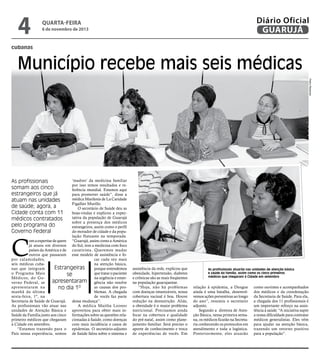 4

Diário Oficial
GUARUJÁ

quarta-feira

6 de novembro de 2013

cubanas

Município recebe mais seis médicas
Pedro Rezende

As profissionais
somam aos cinco
estrangeiros que já
atuam nas unidades
de saúde; agora, a
Cidade conta com 11
médicos contratados
pelo programa do
Governo Federal

‘madres’ da medicina familiar
por isso temos resultados e referência mundial. Estamos aqui
para promover saúde”, disse a
médica Marilenis de La Caridade
Figallier Murillo.
O secretário de Saúde deu as
boas-vindas e explicou a expectativa da população de Guarujá
sobre a presença dos médicos
estrangeiros, assim como o perfil
do morador de cidade e da população flutuante na temporada.
om a expertise de quem “Guarujá, assim como a América
já atuou em diversos do Sul, tem a medicina com foco
países da América e de curativista. Queremos mudar
outros que passaram esse modelo de assistência e fopor calamidades,
car cada vez mais
seis médicas cubana atenção básica,
Estrangeiras
nas que integram
porque entendemos
o Programa Mais
que tratar o paciente
se
Médicos, do Gona urgência e emerapresentaram gência não resolve
verno Federal, se
apresentaram na
as causas dos prono dia 1º
manhã da última
blemas. A chegada
sexta-feira, 1º, na
de vocês faz parte
Secretaria de Saúde de Guarujá. dessa mudança”.
As profissionais vão atuar nas
A médica Maitha Leonor
unidades de Atenção Básica e aproveitou para obter mais inSaúde da Família junto aos cinco formações sobre as questões relaprimeiro médicos que chegaram cionadas à Saúde, como doenças
à Cidade em setembro.
com mais incidência e casos de
“Estamos trazendo para o epidemias. O secretário-adjunto
País nossa experiência, somos de Saúde falou sobre o sistema e

C

assistência da rede, explicou que
obesidade, hipertensão, diabetes
e crônicas são as mais freqüentes
na população guarujaense.
“Hoje, não há problemas
com doenças imunizáveis, nossa
cobertura vacinal é boa. Houve
redução na desnutrição. Aliás,
a obesidade é o maior problema
nutricional. Precisamos ainda
focar na cobertura e qualidade
do pré-natal, assim como planejamento familiar. Será preciso o
aporte de conhecimento e troca
de experiências de vocês. Em

As profissionais atuarão nas unidades de atenção básica
e saúde da família, assim como os cinco primeiros
médicos que chegaram à Cidade em setembro

relação à epidemia, a Dengue
ainda é uma batalha, desenvolvemos ações preventivas ao longo
do ano”, resumiu o secretario
adjunto.
Segundo a diretora de Atenção Básica, nessa primeira semana, os médicos ficarão na Secretaria conhecendo os protocolos em
atendimento e toda a logística.
Posteriormente, eles atuarão

como ouvintes e acompanhados
dos médicos e da coordenação
da Secretaria de Saúde. Para ela,
a chegada dos 11 profissionais é
um importante reforço na assistência à saúde. “A iniciativa supre
a nossa dificuldade para contratar
médicos generalistas. Eles vêm
para ajudar na atenção básica,
trazendo um retorno positivo
para a população”.

 