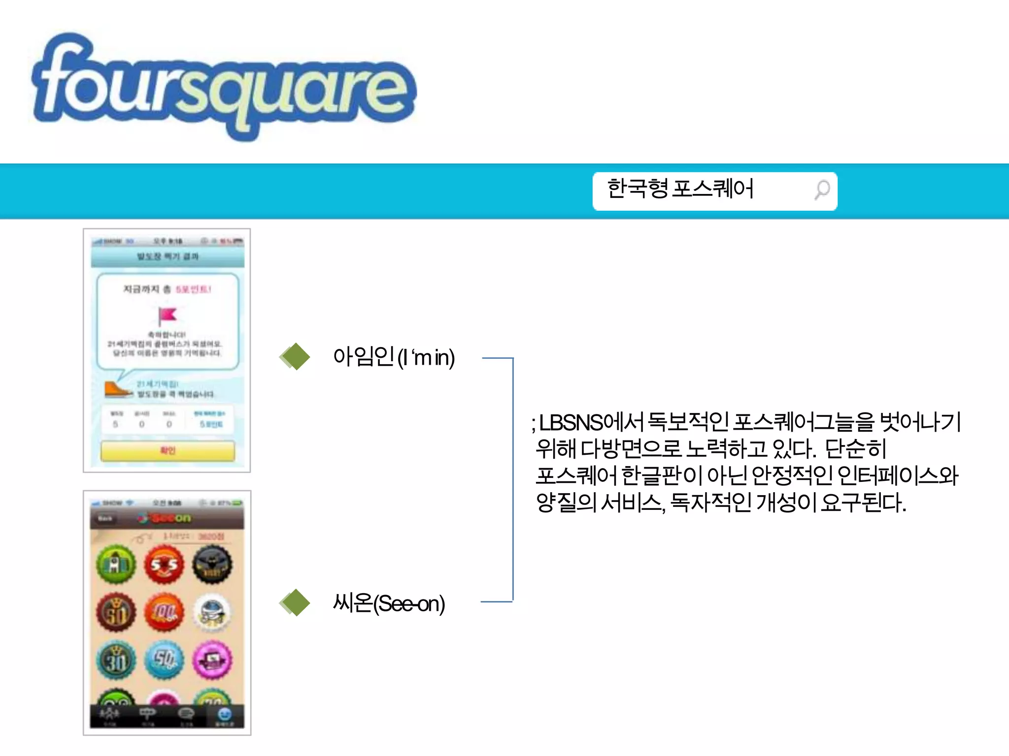 한국형 포스퀘어아임인(I ‘m in); LBSNS에서 독보적인 포스퀘어그늘을 벗어나기위해 다방면으로 노력하고 있다.  단순히 포스퀘어 한글판이 아닌 안정적인 인터페이스와 양질의 서비스, 독자적인 개성이 요구된다.씨온(See-on)