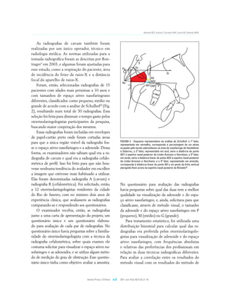 Almeida RCC, Artese F, Carvalho FAR, Cunha RD, Almeida MAO




    As radiografias de cavum também foram
realizadas por um único operador, técnico em
radiologia médica. As normas utilizadas para a
tomada radiográfica foram as descritas por Bon-
                                                                                      S
trager3 em 2003, e algumas foram ajustadas para
                                                                    Po           So
esse estudo, como a respiração do paciente, área
                                                                                                                  Or
de incidência do feixe de raios-X e a distância
                                                                                                 AD
focal do aparelho de raios-X.                                                                    AD2
                                                                     Ba
    Foram, então, selecionadas radiografias de 15                                           AD1 ENP
pacientes com idades mais próximas a 10 anos e
com tamanhos de espaço aéreo nasofaringeano
diferentes, classificados como pequeno, médio ou
grande de acordo com a análise de Schulhof26 (Fig.
2), resultando num total de 30 radiografias. Essa
seleção foi feita para diminuir o tempo gasto pelos
otorrinolaringologistas participantes da pesquisa,
buscando maior cooperação dos mesmos.
    Essas radiografias foram incluídas em envelopes
de papel-cartão preto onde foram cortadas áreas
                                                                   FiguRA 2 - Esquema representativo da análise de Schulhof: o 1º fator,
para que a única região visível da radiografia fos-                representado em vermelho, corresponde à porcentagem da via aérea
se o espaço aéreo nasofaríngeo e a adenoide. Dessa                 ocupada pelo tecido adenoideano na área da nasofaringe de Handelman
                                                                   e Osborne,; o 2º fator, representado em azul, seria a distância do ponto
forma, os examinadores não sabiam qual era a ra-                   AD1 à espinha nasal posterior de Linder-Aronson e Henrikson, o 3º fator,
diografia de cavum e qual era a radiografia cefalo-                em verde, seria a distância linear do ponto AD2 à espinha nasal posterior
                                                                   de Linder-Aronson e Henrikson; e o 4º fator, representado em amarelo,
métrica de perfil. Isso foi feito para que não hou-                corresponde à distância linear do ponto AD a um ponto da linha vertical
vesse nenhuma tendência do avaliador em escolher                   pterigoide 5mm acima da espinha nasal posterior de Ricketts26.

a imagem que estivesse mais habituado a utilizar.
Elas foram denominadas radiografia A (cavum) e
radiografia B (cefalométrica). Foi solicitado, então,              No questionário para avaliação das radiografias
a 12 otorrinolaringologistas residentes da cidade                  havia perguntas sobre qual das duas tem a melhor
do Rio de Janeiro, com no mínimo dois anos de                      qualidade na visualização da adenoide e do espa-
experiência clínica, que avaliassem as radiografias                ço aéreo nasofaríngeo, e, ainda, solicitava para que
comparando-as e respondendo aos questionários.                     classificasse, através de método visual, o tamanho
    O examinador recebia, então, as radiografias                   da adenoide e do espaço aéreo nasofaríngeo em P
junto a uma carta de apresentação do projeto, um                   (pequeno), M (médio) ou G (grande).
questionário único e um questionário elabora-                          Para tratamento estatístico, foi utilizada uma
do para avaliação de cada par de radiografias. No                  distribuição binomial para calcular qual das ra-
questionário único havia perguntas sobre a familia-                diografias era preferida pelos otorrinolaringolo-
ridade do otorrinolaringologista com a técnica da                  gistas para visualização de adenoide e do espaço
radiografia cefalométrica, sobre quais exames ele                  aéreo nasofaríngeo, com frequências absolutas
costuma solicitar para visualizar o espaço aéreo na-               e relativas das preferências dos profissionais em
sofaríngeo e as adenoides, e se utiliza algum méto-                relação às duas técnicas radiográficas diferentes.
do de medição do grau de obstrução. Esse questio-                  Para avaliar a correlação entre os resultados do
nário único tinha como objetivo avaliar a amostra.                 método visual com os resultados do método de



                                     Dental Press J Orthod   e.5   2011 Jan-Feb;16(1):32.e1-10
 