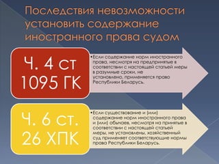 Ч. 4 ст
           •Если содержание норм иностранного
            права, несмотря на предпринятые в
            соответствии с настоящей статьей меры
            в разумные сроки, не


1095 ГК
            установлено, применяется право
            Республики Беларусь.




Ч. 6 ст.
           •Если существование и (или)
            содержание норм иностранного права
            и (или) обычаев, несмотря на принятые в
            соответствии с настоящей статьей


26 ХПК
            меры, не установлены, хозяйственный
            суд применяет соответствующие нормы
            права Республики Беларусь.
 