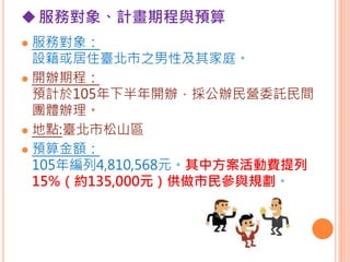 服務對象、計畫期程與預算
 服務對象：
設籍或居住臺北市之男性及其家庭。
 開辦期程：
預計於105年下半年開辦，採公辦民營委託民間
團體辦理。
 地點:臺北市松山區
 預算金額：
105年編列4,810,568元。其中方案活動費提列
15%（約135,000元）供做市民參與規劃。
 
