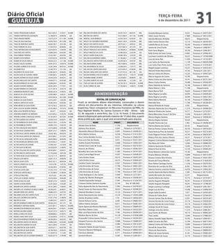 Diário Oficial
 GUARUJÁ
                                                                                                                                                                             teRçA-feiRA
                                                                                                                                                                             6 de dezembro de 2011
                                                                                                                                                                                                                  31
1230 THIAGO PROSDOCIMI ALMEIDA                 48.619.845-5   31/03/91   M.AMB   1304 WELLINGTON VIEIRA DOS SANTOS              36.055.762-4   08/03/91   MEC     Graziela Marques Gomes              10.531   Processo nº 35077/2011
1231 THOMAZ NORTON DOS ASSUNÇÃO                52.188.407-X   29/06/96    QUI    1305 WELTON DOS SANTOS                         45.573.460-4   24/11/82   M.AMB   Helen Souto Ferreira                17.869   Processo nº 34913/2011
1232 TIAGO ARAGÃO RIBEIRO                      33.673.225-9   01/11/88   M.AMB   1306 WENDELL SILVA BARBOZA                     42.030.726-6   02/05/87    QUI    Hercilia Menezes Almeida            18.673       Requerimento
1233 TIAGO DE JESUS BALDAIA                    44.992.706-4   04/12/88   MEC     1307 WESLEY DE FIGUEIREDO MONTEIRO             48.621.540-4   23/03/90   MEC     Ieda Cristina Tavares Dias          12.116   Processo nº 28259/2011
1234 TIAGO DE NORONHA SANTOS                   46.003.785-7   23/01/89    QUI    1308 WESLEY DOS SANTOS SOUZA                   48.375.501-1   29/05/91   MEC     Isabella Moura de Souza             18.259   Processo nº 34060/2011
1235 TIAGO FERREIRA DE JESUS                   41.956.976-5   06/08/86    QUI    1309 WESLEY DRIAN RODRIGUES SANTANA            50.674.865-0   29/12/95    QUI    Janete de Lima D'avila              13.394    Portaria nº 2268/2011
1236 TIAGO NEPOMUCENO DO NASCIMENTO            42.074.059-4   13/04/94   MEC     1310 WESLEY FRANCISCO DOS SANTOS               43.790.095-2   04/08/85   M.AMB   Karin Seno Magina                   18.750    Portaria nº 2246/2011
1237 TIAGO REIS DOS SANTOS                     43.889.528-9   03/02/85   MEC     1311 WESLEY MACEDO DA COSTA                    43.906.303-6   22/02/94    QUI    Kelly Gomes de Goes Correa          14.801   Processo nº 33946/2011
1238 TIAGO RIBEIRO FERREIRA                    33.432.369-1   24/02/85   MEC     1312 WESLEY XAVIER GONÇALVES                   49.089.180-9   12/02/93   MEC
                                                                                                                                                                  Lucimara Coutinho de Oliveira       16.227   Processo nº 19169/2008
1239 VAGNER COSTA BORGES                       47.879.033-8   09/03/90   MEC     1313 WILLIAM ALEXANDRINO SOBRAL                47.186.064-5   17/12/90   MEC
                                                                                                                                                                  Lucy de Jesus Reis                  11.450   Processo nº 14135/2011
1240 VAGNER DE SOUSA ARAUJO                    48.626.522-5   12/11/88   M.AMB   1314 WILLIAM DOS SANTOS PORTO DE OLIVEIRA      40.299.582-X   29/07/87   MEC
                                                                                                                                                                  Luiz Carlos do Nascimento           11.729   Processo nº 40659/2008
1241 VALDECI SOUZA OLIVEIRA                    34.941.073-2   10/04/76   M.AMB   1315 WILLIAM OLIVEIRA GOMES                    48.573.864-8   15/05/91   MEC
                                                                                                                                                                  Luiz Carlos Paes Prieto Junior      12.747   Processo nº 31019/2011
1242 VALDEMI LAURENCIO DE SOUZA                16.587.396-6   08/07/65   M.AMB   1316 WILLIAN BARBOSA DE SOUZA                  25.008.039-4   17/07/73   MEC
                                                                                                                                                                  Magali Gaspar Lourenço              10.257   Processo nº 35053/2011
1243 VALDEMIR FELIX                            23.596.797-X   13/11/69    QUI    1317 WILLIAN DOS SANTOS MACHADO                45.919.995-X   07/08/85   MEC
                                                                                                                                                                  Marcelo Andre Nascimento            14.165    Portaria nº 2261/2011
1244 VALDEREDO DE SOUSA SILVA                  52.065.665-9   30/06/85   MEC     1318 WILSON CAVALCANTE DOS SANTOS              41.077.972-6   08/11/83    QUI
                                                                                                                                                                  Marcia Cristina de Oliveira         13.225   Processo nº 33947/2011
1245 VALDIR ALVES DE OLIVEIRA JUNIOR           47.805.882-2   22/06/90   MEC     1319 WILSON RODRIGO LINS DE ALMEIDA            28.867.425-X   17/02/79   M.AMB
                                                                                                                                                                  Marcio Augusto de Castro            15.795       Requerimento
1246 VALDIR CAETANO DE SOUZA JUNIOR            34.450.229-6   26/02/91    QUI    1320 YOHANNA MABEL DE BRITO                    53.270.830-1   08/08/95    QUI
                                                                                                                                                                  Maria Cristina da Silva Santos      10.741   Processo nº 30731/2011
1247 VALDIR GONÇALVES DOS SANTOS               29.644.077-2   02/05/80   MEC     1321 YSLLAINE ALBERTO DA SILVA                  48.629.586-   13/12/89    QUI
1248 VALDIR RODRIGUES DA SILVA LIMA            30.006.640-5   05/03/85   MEC     1322 YURI LUIZ LIMA DE OLIVEIRA                46.720.187-0   09/02/90   M.AMB   Maria Cristina Pereira              16.289   Processo nº 34350/2011
1249 VALMAX OLIVEIRA NOBREGA                   48.043.200-4   17/10/91    QUI    1323 ZILDA CORREIA DE LIMA                     27.345.836-X   14/08/76   M.AMB   Maria Gabriela de Santana           16.168   Processo nº 30601/2011
1250 VALMIR FERREIRA DA CONCEIÇÃO              53.771.407-8   23/02/78   MEC                                                                                      Maria Helena S. Silva               11.708       Requerimento
1251 VANDERSON MODESTO LIMA                    48.563.425-9   27/06/92   MEC                                                                                      Maria Marcia Perli                  16.622   Processo nº 34637/2011
1252 VANESSA DA COSTA DELFINO                  42.905.488-9   16/05/81   M.AMB                       administração                                                Maria Regina Carvalho               18.394   Processo nº 34059/2011
1253 VANESSA DA SILVA                          44.916.003-8   26/12/88   M.AMB                                                                                    Maria Regina Carvalho               18.394   Processo nº 34057/2011
1254 VANESSA DA SILVA FRANCO                   32.915.449-7   13/02/80   MEC                        eDitAL De CONVOCAçÃO                                          Maria Valeria Maneira               16.144   Processo nº 32586/2011
1255 VANESSA SANTOS DE SOUZA                   44.383.343-6   03/05/86    QUI    Ficam os servidores abaixo relacionados, convocados a darem                      Maristela Silva                     11.706   Processo nº 26528/2011
1256 VANIA BRUNO DA SILVA PEDRO                40.774.765-5   03/01/83    QUI    ciência em documentos de seu interesse, indicados na coluna                      Mariza Almeida de Araujo             3.592       Requerimento
1257 VERA LUCIA DA SILVEIRA FERREIRA           50.535.460-3   10/10/70   M.AMB   respectiva. Favor comparecer no Recursos Humanos da PMG, no                      Marizete Aparecida Succi Nogueira   11.519   Processo nº 30408/2011
1258 VERA LUCIA PROSPER DE PAULA                 165.477      03/02/63    QUI    Paço Raphael Vitiello, Av. Santos Dumont nº 640 – térreo – sala                  Marlene Oliveira dos Santos         16.717    Portaria nº 2272/2011
1259 VERIDIANA ROBERTO DE MIRANDA              41.814.892-2   31/05/94   M.AMB   33, de segunda a sexta-feira, das 12 às 16 horas. O documento                    Marta Wenceslau Souza P. da Silva   13.459    Portaria nº 2265/2011
1260 VERONICA MARIA CONCEIÇÃO SANTOS           42.185.050-4   26/10/85   M.AMB   estará à disposição pelo período máximo de 10 (dez) dias, a partir               Monica Regina Santana               18.425   Processo nº 34058/2011
1261 VICTOR ALMEIDA DOS SANTOS                 35.934.724-9   03/02/91   MEC     desta publicação, após o qual será encaminhado para arquivo.                     Monica Regina Santana               18.425       Requerimento
1262 VICTOR BARBOSA DA SILVA GOMES             48.625.109-3   31/03/94   MEC                        NOMe                     PRONt.        DOCUMeNtO              Nivaldo Pereira da Cruz              1.942   Processo nº 24638/2011
1263 VICTOR BARBOZA FONTES                     49.094.179-5   15/02/93    QUI    Abraão Goes de Melo                         11.792        Requerimento           Palmira Batista dos Santos          16.161       Requerimento
1264 VICTOR CONCEIÇÃO NASCIMENTO               45.916.688-8   02/05/88   MEC     Adriana Silva Alvares                       13.907     Portaria nº 2274/2011     Patricia Pereira Campos Rocha       18.193   Processo nº 34910/2011
1265 VICTOR HUGO OLIVEIRA PINTO                38.501.519-7   12/08/94    QUI    Alessandra Marconi Brancovan                15.891    Processo nº 34349/2011     Paula Vanessa Pires de Azevedo      16.371   Processo nº 35372/2011
1266 VICTOR HUGO SANTOS AMARAL DE JESUS        39.420.180-2   09/03/95    QUI    Almir Batista Santana                       14.356    Processo nº 31415/2011     Paulo Rogerio Firmino Oliveira      14.743   Processo nº 30629/2011
1267 VICTOR HUGO SANTOS DE CARVALHO            38.323.882-1   22/10/93   MEC     Ana Cristina Bendito Ferreira               16.251    Processo nº 35082/2011     Rebeca Pires dos Santos Oliveira    14.271    Portaria nº 2275/2011
1268 VICTOR JACULI GONÇALVES ALTÃO             46.655.986-0   26/04/90    QUI    Ana Lucia Dias da Silveira                   4.473    Processo nº 35251/2011     Regiane Cristina Moreira Guedes     15.879   Processo nº 34340/2011
1269 VICTOR RODRIGUES MENEZES GOES             30.459.963-3   11/05/87    QUI
                                                                                 Andrea Duarte Pitombeira                    12.666    Processo nº 35065/2011     Rita Maria de Freitas               12.065   Processo nº 30686/2011
1270 VICTOR SANTOS DE OLIVEIRA                 47.048.736-7   13/10/94   MEC
                                                                                 Andrea Goes Costa de Souza                  14.527    Processo nº 26273/2011     Roberta Aparecida Almeida           13.493    Portaria nº 2270/2011
1271 VICTOR SILVA DE MESSIAS                   36.550.029-X   21/08/95    QUI
                                                                                 Antonio de Oliveira                          5.030    Processo nº 29382/2011     Roberto Ruiz da Silva               12.723   Processo nº 29384/2011
1272 VICTOR STALLONE DOS SANTOS SOUZA          48.592.809-7   20/04/91   MEC
                                                                                 Benedita Yara Leoni de Deus                 11.385    Processo nº 29747/2011     Ronie Roberto Calixto dos Santos    14.185       Requerimento
1273 VICTOR VINICIUS SANTOS SILVA              47.735.658-8   18/01/90   MEC
                                                                                 Carla Cristina Najar Arnoni                 14.507    Processo nº 34428/2011     Rosana Baltazar Almeida             15.894   Processo nº 34013/2011
1274 VICTORIA REGIA SOUZA RODRIGUES            54.210.717-X   08/09/95    QUI
                                                                                 Carla Simões Souza                          18.210    Processo nº 35055/2011     Rosana Cristina Silva Ferreira      12.251   Processo nº 34341/2011
1275 VINICIUS LEITE BRITES                     36.837.101-3   20/06/90    QUI
                                                                                 Carla Simões Souza                          18.210    Processo nº 35064/2011     Rosane de França Moreira            11.581   Processo nº 31420/2011
1276 VINICIUS SILVA COSTA                      39.421.051-7   08/04/96   MEC
                                                                                 Carolina Casaro Gonçalves                   13.937    Processo nº 34601/2011     Rose Helena Santiago Gomes          11.530   Processo nº 35070/2011
1277 VINICIUS ZANATA DA CAL REI                 54.010.799    15/07/95   M.AMB
1278 VITOR ALVES BISPO                         30.346.399-5   07/09/83   MEC
                                                                                 Celia Venceslau de Souza                    17.790    Processo nº 34061/2011     Rosinalva de Lourdes da Silva        8.354   Processo nº 35061/2011
1279 VITOR DA COSTA LIMA                       47.253.135-9   07/12/94   MEC     Celia Venceslau de Souza                    17.790    Processo nº 35072/2011     Sabrina Ferreira Lovechio Vicente   16.976   Processo nº 33902/2011
1280 VITOR DOS SANTOS MELO                     41.732.996-9   01/06/94   MEC     Celia Venceslau de Souza                    17.790    Processo nº 34911/2011     Sandra Aparecida Bueno Ribeiro       7.399   Processo nº 28175/2011
1281 VITOR GUSTAVO PAES                         40.575.632    08/12/84   MEC     Cintia Rodrigues G. dos Santos              13.949     Portaria nº 2277/2011     Sandra Bernardo dos Santos          12.371       Requerimento
1282 VITOR LUIZ SCHINDEL SANTOS                42.678.308-6   30/06/88    QUI    Claudia Ap. Martins Rodrigues               14.106    Processo nº 35058/2011     Sandra Valeria dos Santos           10.772    Portaria nº 2273/2011
1283 VIVIAN SOUSA DA SILVA                     48.587.273-0   13/06/92    QUI    Claudia Esperandio Seluque                  17.947    Processo nº 31324/2011     Sandro Augusto Morgado              18.241   Processo nº 25350/2011
1284 VIVIANE OLIVEIRA RENÃO                    32.207.582-8   15/02/80    QUI    Cristiane Simões Gameiro Guedes             12.144       Doc. Nº 300/2001        Sandro Augusto Morgado              18.241   Processo nº 13798/2011
1285 WAGNER DOS SANTOS ALMEIDA                 44.101.398-3   17/06/87   MEC     Dalva Aparecida Vaiz do Nascimento          17.942    Processo nº 32479/2011     Sergio Lourenço Camargo             11.879    Portaria nº 2281/2011
1286 WAGNER LUIZ LOURENÇO DE MELO JUNIOR       48.596.630-1   26/08/91    QUI    Daniel Soares do Nascimento Filho           18.424    Processo nº 30598/2011     Sergio Luiz da Silva                14.590   Processo nº 33999/2011
1287 WAGNER VIEIRA DOS SANTOS                  48.886.233-4   23/07/93   MEC     Deborah Bombach Correia                     13.122    Processo nº 35371/2011     Sergio Seda Escudero                 7.977   Processo nº 22435/2011
1288   WALDEMIO JOSE DOS SANTOS FILHO          36.313.151-6   09/11/91    MEC    Demis Nascimento dos Santos                 14.134    Processo nº 10545/2009     Silvana de Freitas Bussi            14.337   Processo nº 33764/2011
1289   WALLACE CAETANO DOS SANTOS              47.021.779-0   21/08/94    MEC    Denise Alcantara Coelho                      7.791    Processo nº 34056/2011     Simone Santos Dias de Abreu         12.951   Processo nº 34333/2011
1290   WALTER DA SILVA                         25.489.534-7   10/05/75    MEC    Denize Ventura Correa                        4.340    Processo nº 29682/2011     Simone Vicente da Costa França      10.174   Processo nº 35059/2011
1291   WALTER HENRIQUE GOMES DA SILVA SANTOS   48.566.354-5   18/11/91    QUI    Edilene Valeria Sampaio                     16.011    Processo nº 35081/2011     Simone Vicente da Costa França      10.174   Processo nº 35062/2011
1292   WANDERLEY SANTANA RAFAEL                25.913.841-1   16/06/73   M.AMB   Elaine Aparecida Moreira Machado            16.331    Processo nº 29689/2011     Solange Ascoli de Souza             14.854   Processo nº 12926/2011
1293   WASHINGTON HENRIQUE DOS SANTOS          48.642.054-1   07/09/91   M.AMB
                                                                                 Elba Mara Ribeiro Costa                     17.197    Processo nº 34332/2011     Solange Lima dos Santos             11.575    Portaria nº 2286/2011
1294   WATSON GALDINO GOMES                    34.247.337-0   16/03/73    MEC
                                                                                 Elda Lucia Nascimento da Silva               7.748    Processo nº 30409/2011     Susy Fontes de Moraes               18.714   Processo nº 30892/2011
1295   WEDILLA KARLA DE SOUZA                  48.608.866-2   01/04/91    QUI
                                                                                 Eliedson Barros da Silva                    14.139    Processo nº 07058/2009     Thais Jardes                        13.944   Processo nº 27980/2011
1296   WEDNA CAVALCANTE SALES                  25.556.494-6   07/07/72   M.AMB
                                                                                 Emanuelle Cristina Gomes Pedroso            17.771    Processo nº 34334/2011     Valcira Zenaido Sagas Martins       10.792    Portaria nº 2284/2011
1297   WELIGTON HENRIQUE PEREIRA DA SILVA      48.596.400-4   04/03/92    MEC
1298   WELLIGNTON SANTOS DE ARAUJO             34.896.528-X   02/03/84   M.AMB
                                                                                 Ezequiel Francisco dos Santos               13.888    Processo nº 33689/2011     Valdir Cerveira dos Reis            13.794   Processo nº 30817/2011
1299   WELLINGTON ALMEIDA DA SILVA             48.013.289-6   14/10/91    QUI    Fabiano Tavares                             13.984    Processo nº 34912/2011     Valeria Cristina de Freitas Neves   13.090   Processo nº 35054/2011
1300   WELLINGTON DA SILVA DUARTE              36.055.671-1   04/07/90    QUI    Fernando Toledo Arruda Fonseca              11.920    Processo nº 35337/2011     Verneli de Souza Silva              13.518   Processo nº 34160/2011
1301   WELLINGTON DA SILVA SOUZA               49.100.782-6   25/05/93    MEC    Francisco Navarro Rodrigues                 15.680    Processo nº 28965/2011     Vitoria do Nascimento               11.157   Processo nº 30890/2011
1302   WELLINGTON DOS SANTOS                   41.549.972-0   11/12/85    MEC    Francisco Salomão                            4.777    Processo nº 29380/2011     Wilson de Souza Santana              9.144   Processo nº 29385/2011
1303   WELLINGTON LUIZ DE OLIVEIRA VENANCIO    46.852.677-8   21/06/88    MEC    Giovanni Brovini                            13.387     Portaria nº 2269/2011     Wilson Valerio de Souza             14.719   Processo nº 29381/2011
 