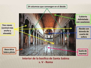 24 columnas que convergen en el ábside



                                                           Cubierta
                                                          Adintelada
                                                         con casetones
 Tres naves
(central más                                               Ábside con
   ancha y                                                 bóveda de
  elevada)                                                 cuarto de
                                                             esfera




  Basa ática
                                                           Suelo de
 Sobre plinto
                                                           marmol
 
