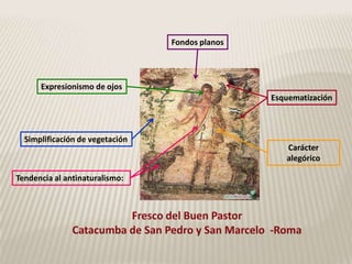 Fondos planos




      Expresionismo de ojos
                                                 Esquematización



  Simplificación de vegetación
                                                    Carácter
                                                    alegórico

Tendencia al antinaturalismo:
 