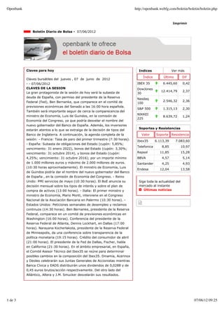 Openbank                                                                        http://openbank.webfg.com/boletin/boletin/boletin.php


                                                                                                         Imprimir

               Boletín Diario de Bolsa - 07/06/2012




           Claves para hoy                                                        Indices                Ver más

                                                                                     Índice       Último        Dif
           Claves bursátiles del jueves , 07 de junio de 2012
           - - 07/06/2012                                                        IBEX 35          6.445,60       0,42
           CLAVES DE LA SESION                                                   DowJones
           La gran protagonista de la sesión de hoy será la subasta de                           12.414,79       2,37
                                                                                 30
           deuda de España, con permiso del presidente de la Reserva
                                                                                 Nasdaq
           Federal (Fed), Ben Bernanke, que comparece en el comité de                             2.546,32       2,36
                                                                                 100
           previsiones económicas del Senado a las 16:00 hora española.
                                                                                 S&P 500          1.315,13       2,30
           También será importante seguir de cerca la comparecencia del
                                                                                 NIKKEI
           ministro de Economía, Luis de Guindos, en la comisión de                               8.639,72       1,24
                                                                                 225
           Economía del Congreso, ya que podría desvelar el nombre del
           nuevo gobernador del Banco de España. Además, los inversores
                                                                                  Soportes y Resistencias
           estarán atentos a lo que se extraiga de la decisión de tipos del
           Banco de Inglaterra. A continuación, la agenda completa de la            Valor     Soporte    Resistencia
           sesión: - Francia: Tasa de paro del primer trimestre (7:30 horas).
                                                                                 Ibex35       6.113,39     7.083,60
           - España: Subasta de obligaciones del Estado (cupón: 5,85%;
                                                                                 Telefonica       8,85          10,97
           vencimiento: 31 enero 2022), bonos del Estado (cupón: 3,30%;
           vencimiento: 31 octubre 2014), y bonos del Estado (cupón:             Repsol         11,85           15,28
           4,25%; vencimiento: 31 octubre 2016); por un importe mínimo           BBVA             4,57           5,14
           de 1.000 millones euros y máximo de 2.000 millones de euros.          Santander        4,25           4,93
           (10:30 horas aproximadamente). El ministro de Economía, Luis
                                                                                 Endesa         12,04           13,58
           de Guindos podría dar el nombre del nuevo gobernador del Banco
           de España , en la comisión de Economía del Congreso. - Reino
           Unido: PMI servicios de mayo (10:30 horas). El BoE anuncia su          Siga toda la actualidad del
           decisión mensual sobre los tipos de interés y sobre el plan de         mercado al instante
           compra de activos (13:00 horas). - Italia: El primer ministro y           Últimas noticias
           ministro de Economía, Mario Monti, interviene en el Congreso
           Nacional de la Asociación Bancaria en Palermo (10:30 horas). -
           Estados Unidos: Peticiones semanales de desempleo y reclamos
           continuos (14:30 horas). Ben Bernanke, presidente de la Reserva
           Federal, comparece en un comité de previsiones económicas en
           Washington (16:00 horas). Conferencia del presidente de la
           Reserva Federal de Atlanta, Dennis Lockhart, en Dallas (17:00
           horas). Narayana Kocherlakota, presidente de la Reserva Federal
           de Minneapolis, da una conferencia sobre transparencia de la
           política monetaria (19:15 horas). Crédito del consumidor de abril
           (21:00 horas). El presidente de la Fed de Dallas, Fischer, habla
           en California (21:30 horas). En el ámbito empresarial, en España,
           el Comité Asesor Técnico del Ibex35 se reúne para determinar
           posibles cambios en la composición del Ibex35. Dinamia, Acerinox
           y Deoleo celebrarán sus Juntas Generales de Accionistas mientras
           Banca Cívica y EADS distribuirán unos dividendos de 0,0288 y de
           0,45 euros brutos/acción respectivamente. Del otro lado del
           Atlántico, Altera y J.M. Smucker desvelarán sus resultados.




1 de 3                                                                                                                  07/06/12 09:25
 