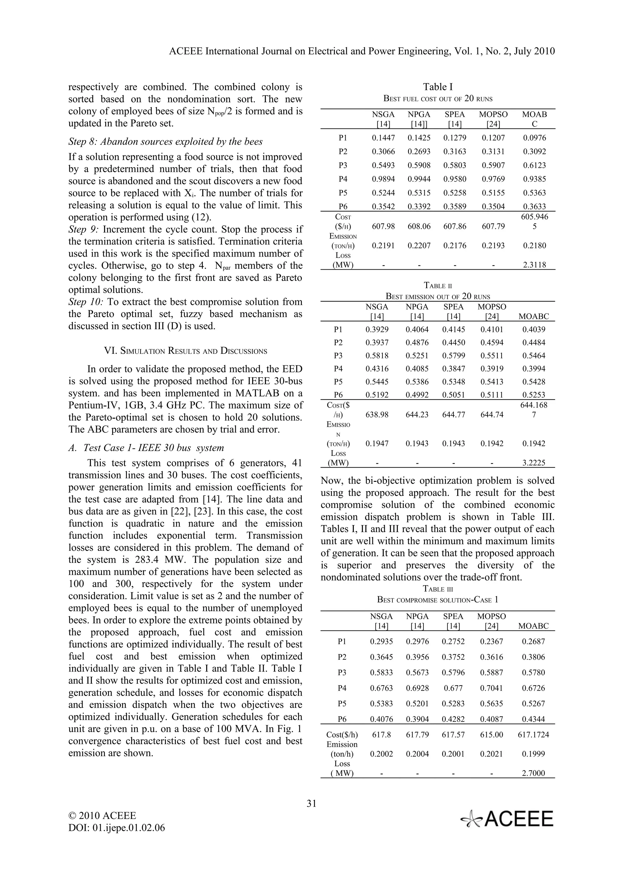 ACEEE International Journal on Electrical and Power Engineering, Vol. 1, No. 2, July 2010 respectively are combined. The combined colony is Table I sorted based on the nondomination sort. The new BEST FUEL COST OUT OF 20 RUNS colony of employed bees of size Npop/2 is formed and is NSGA NPGA SPEA MOPSO MOAB updated in the Pareto set. [14] [14]] [14] [24] C P1 0.1447 0.1425 0.1279 0.1207 0.0976 Step 8: Abandon sources exploited by the bees P2 0.3066 0.2693 0.3163 0.3131 0.3092 If a solution representing a food source is not improved by a predetermined number of trials, then that food P3 0.5493 0.5908 0.5803 0.5907 0.6123 source is abandoned and the scout discovers a new food P4 0.9894 0.9944 0.9580 0.9769 0.9385 source to be replaced with Xi. The number of trials for P5 0.5244 0.5315 0.5258 0.5155 0.5363 releasing a solution is equal to the value of limit. This P6 0.3542 0.3392 0.3589 0.3504 0.3633 operation is performed using (12). COST 605.946 Step 9: Increment the cycle count. Stop the process if ($/H) 607.98 608.06 607.86 607.79 5 EMISSION the termination criteria is satisfied. Termination criteria (TON/H) 0.2191 0.2207 0.2176 0.2193 0.2180 used in this work is the specified maximum number of LOSS cycles. Otherwise, go to step 4. Npar members of the (MW) - - - - 2.3118 colony belonging to the first front are saved as Pareto optimal solutions. TABLE II BEST EMISSION OUT OF 20 RUNS Step 10: To extract the best compromise solution from NSGA NPGA SPEA MOPSO the Pareto optimal set, fuzzy based mechanism as [14] [14] [14] [24] MOABC discussed in section III (D) is used. P1 0.3929 0.4064 0.4145 0.4101 0.4039 P2 0.3937 0.4876 0.4450 0.4594 0.4484 VI. SIMULATION RESULTS AND DISCUSSIONS P3 0.5818 0.5251 0.5799 0.5511 0.5464 In order to validate the proposed method, the EED P4 0.4316 0.4085 0.3847 0.3919 0.3994 is solved using the proposed method for IEEE 30-bus P5 0.5445 0.5386 0.5348 0.5413 0.5428 system. and has been implemented in MATLAB on a P6 0.5192 0.4992 0.5051 0.5111 0.5253 Pentium-IV, 1GB, 3.4 GHz PC. The maximum size of COST($ 644.168 the Pareto-optimal set is chosen to hold 20 solutions. /H) 638.98 644.23 644.77 644.74 7 EMISSIO The ABC parameters are chosen by trial and error. N (TON/H) 0.1947 0.1943 0.1943 0.1942 0.1942 A. Test Case 1- IEEE 30 bus system LOSS This test system comprises of 6 generators, 41 (MW) - - - - 3.2225 transmission lines and 30 buses. The cost coefficients, Now, the bi-objective optimization problem is solved power generation limits and emission coefficients for using the proposed approach. The result for the best the test case are adapted from [14]. The line data and compromise solution of the combined economic bus data are as given in [22], [23]. In this case, the cost emission dispatch problem is shown in Table III. function is quadratic in nature and the emission Tables I, II and III reveal that the power output of each function includes exponential term. Transmission unit are well within the minimum and maximum limits losses are considered in this problem. The demand of of generation. It can be seen that the proposed approach the system is 283.4 MW. The population size and is superior and preserves the diversity of the maximum number of generations have been selected as nondominated solutions over the trade-off front. 100 and 300, respectively for the system under TABLE III consideration. Limit value is set as 2 and the number of BEST COMPROMISE SOLUTION-CASE 1 employed bees is equal to the number of unemployed NSGA NPGA SPEA MOPSO bees. In order to explore the extreme points obtained by [14] [14] [14] [24] MOABC the proposed approach, fuel cost and emission functions are optimized individually. The result of best P1 0.2935 0.2976 0.2752 0.2367 0.2687 fuel cost and best emission when optimized P2 0.3645 0.3956 0.3752 0.3616 0.3806 individually are given in Table I and Table II. Table I P3 0.5833 0.5673 0.5796 0.5887 0.5780 and II show the results for optimized cost and emission, P4 0.6763 0.6928 0.677 0.7041 0.6726 generation schedule, and losses for economic dispatch and emission dispatch when the two objectives are P5 0.5383 0.5201 0.5283 0.5635 0.5267 optimized individually. Generation schedules for each P6 0.4076 0.3904 0.4282 0.4087 0.4344 unit are given in p.u. on a base of 100 MVA. In Fig. 1 Cost($/h) 617.8 617.79 617.57 615.00 617.1724 convergence characteristics of best fuel cost and best Emission emission are shown. (ton/h) 0.2002 0.2004 0.2001 0.2021 0.1999 Loss ( MW) - - - - 2.7000 31 © 2010 ACEEE DOI: 01.ijepe.01.02.06 