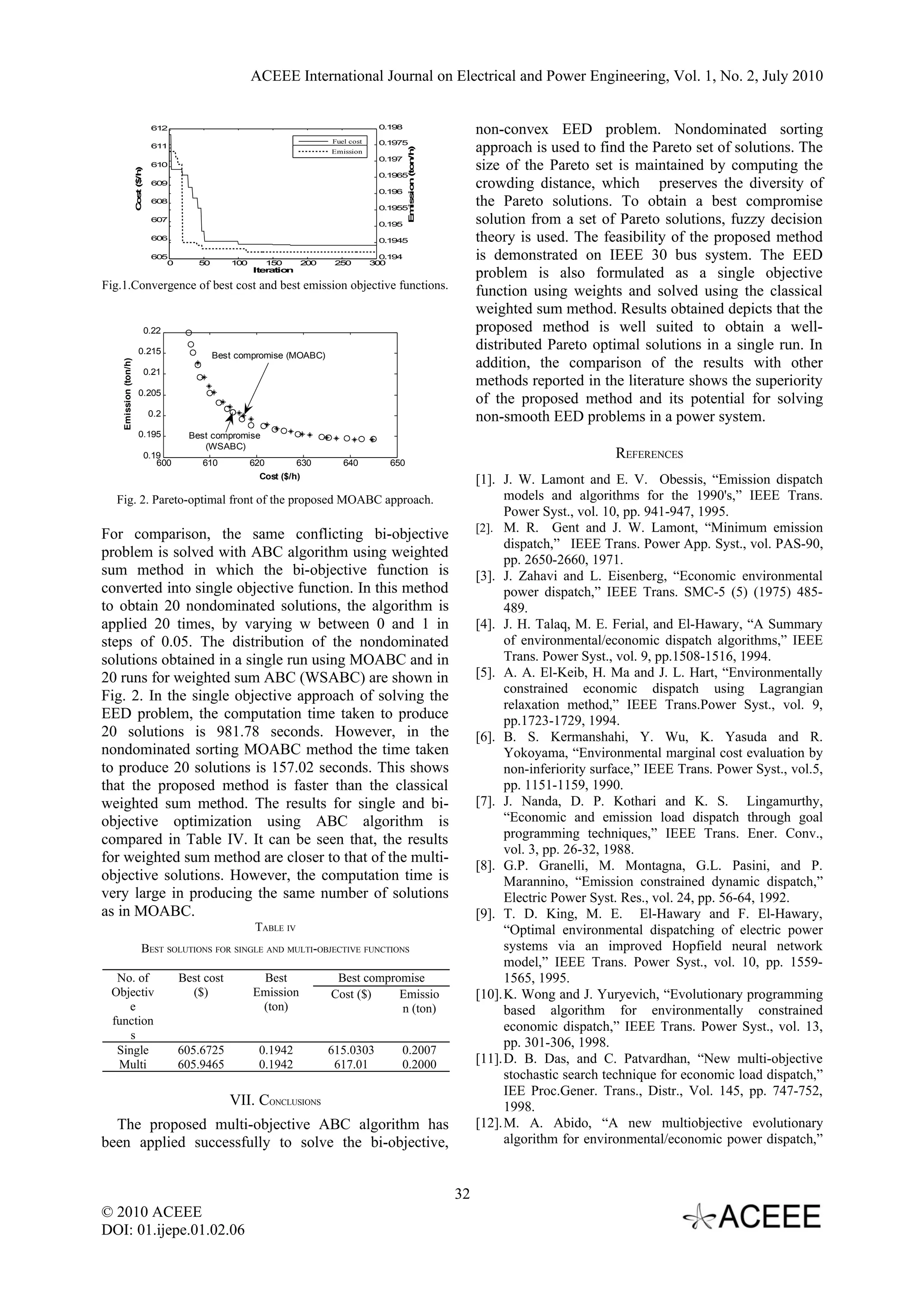 ACEEE International Journal on Electrical and Power Engineering, Vol. 1, No. 2, July 2010 612 0.198 non-convex EED problem. Nondominated sorting Fuel cost 611 0.1975 approach is used to find the Pareto set of solutions. The n ) Emission E is io (to /h size of the Pareto set is maintained by computing the 0.197 610 C s ($ ) o t /h 0.1965 crowding distance, which preserves the diversity of m s n 609 0.196 608 0.1955 the Pareto solutions. To obtain a best compromise 607 0.195 solution from a set of Pareto solutions, fuzzy decision 606 0.1945 theory is used. The feasibility of the proposed method 605 0 50 100 150 200 250 0.194 300 is demonstrated on IEEE 30 bus system. The EED Iteration problem is also formulated as a single objective Fig.1.Convergence of best cost and best emission objective functions. function using weights and solved using the classical weighted sum method. Results obtained depicts that the 0.22 proposed method is well suited to obtain a well- 0.215 distributed Pareto optimal solutions in a single run. In Best compromise (MOABC) addition, the comparison of the results with other Emission (ton/h) 0.21 methods reported in the literature shows the superiority 0.205 of the proposed method and its potential for solving 0.2 non-smooth EED problems in a power system. 0.195 Best compromise (WSABC) 0.19 REFERENCES 600 610 620 630 640 650 Cost ($/h) [1]. J. W. Lamont and E. V. Obessis, “Emission dispatch Fig. 2. Pareto-optimal front of the proposed MOABC approach. models and algorithms for the 1990's,” IEEE Trans. Power Syst., vol. 10, pp. 941-947, 1995. [2]. M. R. Gent and J. W. Lamont, “Minimum emission For comparison, the same conflicting bi-objective dispatch,” IEEE Trans. Power App. Syst., vol. PAS-90, problem is solved with ABC algorithm using weighted pp. 2650-2660, 1971. sum method in which the bi-objective function is [3]. J. Zahavi and L. Eisenberg, “Economic environmental converted into single objective function. In this method power dispatch,” IEEE Trans. SMC-5 (5) (1975) 485- to obtain 20 nondominated solutions, the algorithm is 489. applied 20 times, by varying w between 0 and 1 in [4]. J. H. Talaq, M. E. Ferial, and El-Hawary, “A Summary steps of 0.05. The distribution of the nondominated of environmental/economic dispatch algorithms,” IEEE solutions obtained in a single run using MOABC and in Trans. Power Syst., vol. 9, pp.1508-1516, 1994. 20 runs for weighted sum ABC (WSABC) are shown in [5]. A. A. El-Keib, H. Ma and J. L. Hart, “Environmentally constrained economic dispatch using Lagrangian Fig. 2. In the single objective approach of solving the relaxation method,” IEEE Trans.Power Syst., vol. 9, EED problem, the computation time taken to produce pp.1723-1729, 1994. 20 solutions is 981.78 seconds. However, in the [6]. B. S. Kermanshahi, Y. Wu, K. Yasuda and R. nondominated sorting MOABC method the time taken Yokoyama, “Environmental marginal cost evaluation by to produce 20 solutions is 157.02 seconds. This shows non-inferiority surface,” IEEE Trans. Power Syst., vol.5, that the proposed method is faster than the classical pp. 1151-1159, 1990. weighted sum method. The results for single and bi- [7]. J. Nanda, D. P. Kothari and K. S. Lingamurthy, objective optimization using ABC algorithm is “Economic and emission load dispatch through goal compared in Table IV. It can be seen that, the results programming techniques,” IEEE Trans. Ener. Conv., vol. 3, pp. 26-32, 1988. for weighted sum method are closer to that of the multi- [8]. G.P. Granelli, M. Montagna, G.L. Pasini, and P. objective solutions. However, the computation time is Marannino, “Emission constrained dynamic dispatch,” very large in producing the same number of solutions Electric Power Syst. Res., vol. 24, pp. 56-64, 1992. as in MOABC. [9]. T. D. King, M. E. El-Hawary and F. El-Hawary, TABLE IV “Optimal environmental dispatching of electric power BEST SOLUTIONS FOR SINGLE AND MULTI-OBJECTIVE FUNCTIONS systems via an improved Hopfield neural network model,” IEEE Trans. Power Syst., vol. 10, pp. 1559- No. of Best cost Best Best compromise 1565, 1995. Objectiv ($) Emission Cost ($) Emissio [10].K. Wong and J. Yuryevich, “Evolutionary programming e (ton) n (ton) based algorithm for environmentally constrained function economic dispatch,” IEEE Trans. Power Syst., vol. 13, s pp. 301-306, 1998. Single 605.6725 0.1942 615.0303 0.2007 Multi 605.9465 0.1942 617.01 0.2000 [11].D. B. Das, and C. Patvardhan, “New multi-objective stochastic search technique for economic load dispatch,” IEE Proc.Gener. Trans., Distr., Vol. 145, pp. 747-752, VII. CONCLUSIONS 1998. The proposed multi-objective ABC algorithm has [12].M. A. Abido, “A new multiobjective evolutionary been applied successfully to solve the bi-objective, algorithm for environmental/economic power dispatch,” 32 © 2010 ACEEE DOI: 01.ijepe.01.02.06 